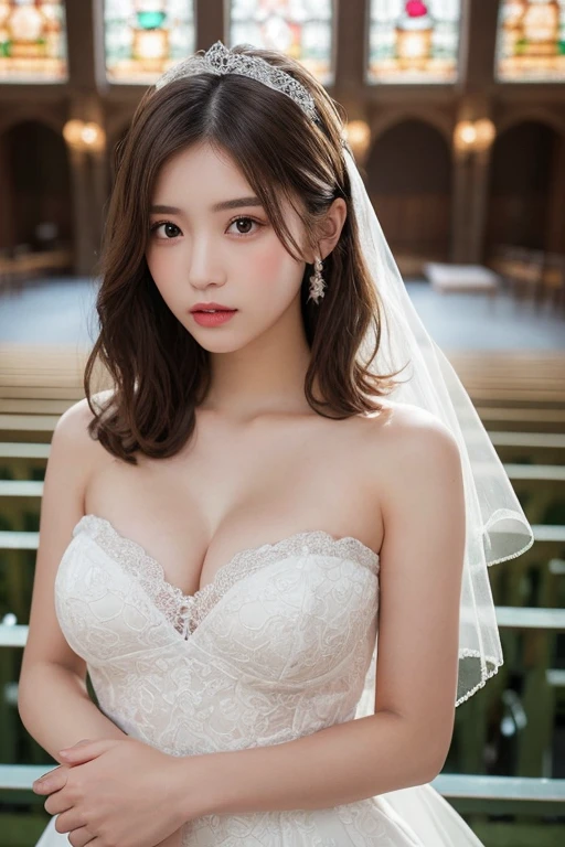 (A gorgeous chapel in the background:1.3) ((Amazingly sharp focus:1.3)). (Very beautiful and gorgeous stained glass:1.3) Notre Dame Cathedral (Full body portrait:1.3) Side facing wedding style bride Beautiful gorgeous bouquet Lace veil Wedding dress Very erotic dress ((West Shot:1.4))、(Erotic half-open lips:1.3)、(8k) I want to have sex 、(Realistic:1.5)、RAW Photos、(Best image quality:1.4)、(Sharp focus:1.5)、 highest quality、 (Erotic half-open lips:1.3) 超A high resolution、Perfect dynamic composition、 20-year-old、thin、Beautiful woman:1.4、Strapless bra、 Light brown hair、Bobcut、Shiny Hair、 Highly detailed face、double eyelid、 Natural color lip、Beautiful Skin、