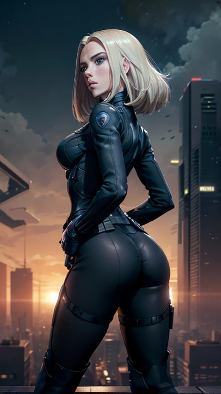 (masterpiece, top quality, best quality, official art, beautiful and aesthetic:1.2),(Full Body View),(Scarlett Johansson),(Platinum Blonde Hair),(Detailed Ass),(Detailed Green Eyes),(Detailed Nose),(Detailed Lips), slim waist, wide hips,(Detailed Thighs), Scarlett Johansson as Black Widow stands poised on a rooftop, overlooking a sprawling cityscape. Captured from behind, her silhouette is defined by the sleek lines of her black tactical suit, complete with holsters and gadgets. Her hair cascades down her back, catching the light from the setting sun. The city below is alive with lights and movement, providing a stark contrast to her still, vigilant figure. She stands with her legs slightly apart and hands on her hips(focus on her thick butt), exuding a sense of readiness and contemplation, prepared for whatever challenges await.