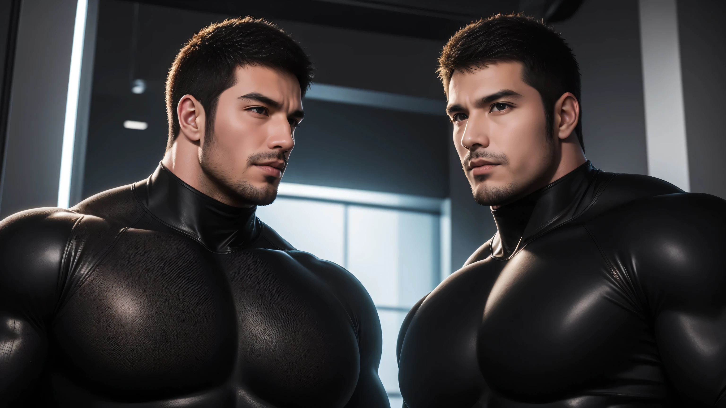 Super muscular man hugging, kissing and caressing,  Open mouth and scream，Look at each other affectionately，They hugged each other affectionately，Buzz Cut，In a luxurious and noble mansion, Wear a long-sleeved cream-colored turtleneck tights, Thickened warm elastic texture，Clothes are very dirty with mud stains，The expression is arrogant, Thick thighs, Messy hair, Thick thighs, High collar long sleeve cream white turtleneck tights, very tight, Regular symmetrical pattern, Highlight muscles, Police uniform pants, character concept（Resident Evil - Chris Redfield, Chris Redfield）A proud expression, Deep and charming eyes, Heroic male pose, tall Burly, muscular！muscular thighs, tough guy, perfect facial features, High, Burly, Heqiang, Super polished and cool, High Resolution Committee, Charismatic, The sun shines through the customers