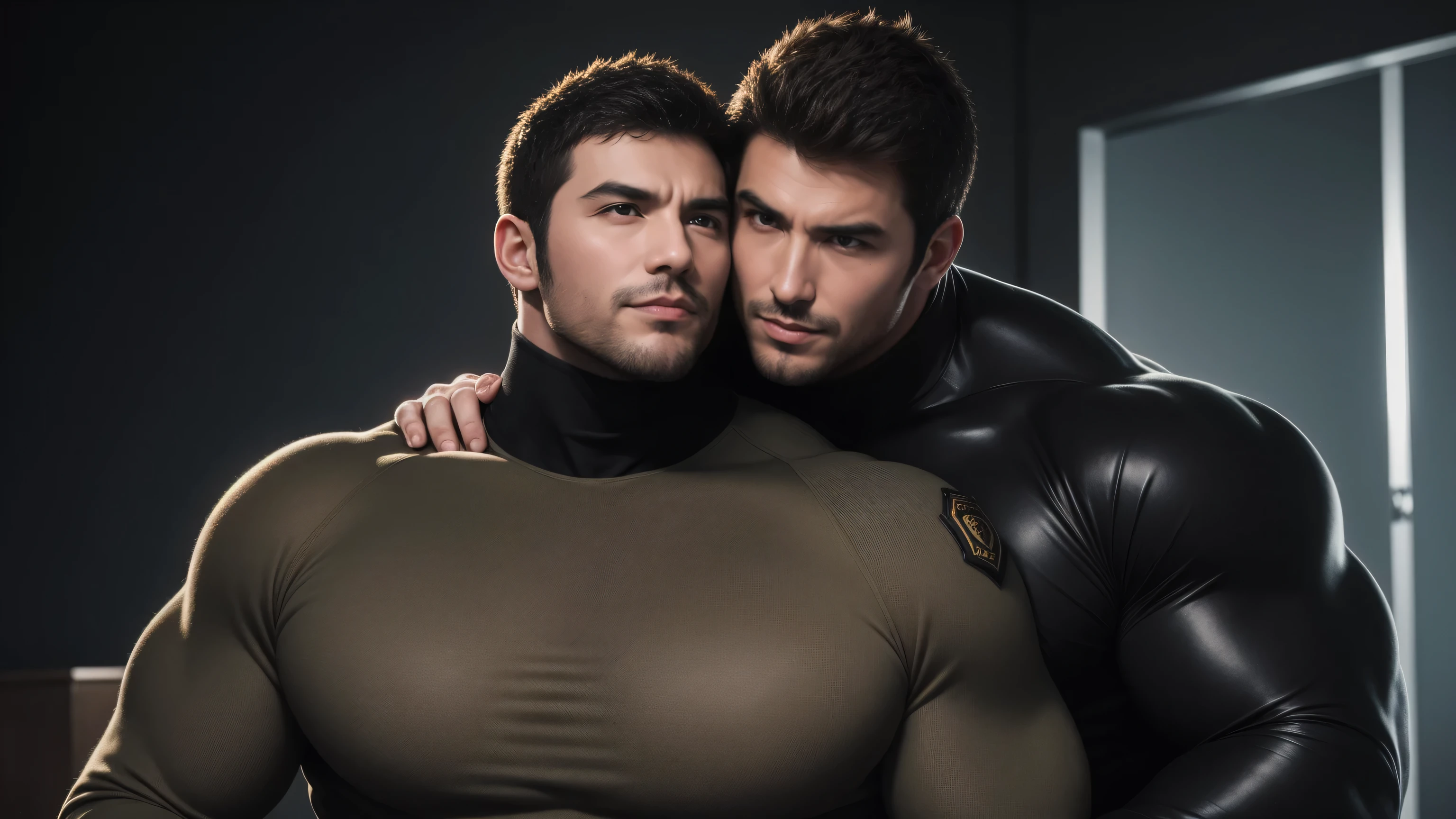 Super muscular man hugging, kissing and caressing, They hugged each other tightly on the soft sofa,Metallic sunglasses,Look at each other affectionately,They hugged each other affectionately,Buzz Cut,In the bedroom of a luxurious and noble mansion, Wear a dark khaki turtleneck with long sleeves, Thickened warm elastic texture,They look happy,Open your mouth,Smiling wickedly, Thick thighs, Messy hair, Thick thighs, Turtleneck Long Sleeve Dark Khaki Turtleneck Bodysuit, Very large feet wearing combat boots,very tight, Regular symmetrical pattern, Highlight muscles, Police uniform pants, Very large feet wearing combat boots,character concept(Resident Evil - Chris Redfield, Chris Redfield)A proud expression, Deep and charming eyes, Heroic male pose, tall Burly, muscular!muscular thighs, tough guy, perfect facial features, High, Burly, Heqiang, Super polished and cool, High Resolution Committee, Charismatic, The sun shines through the customers