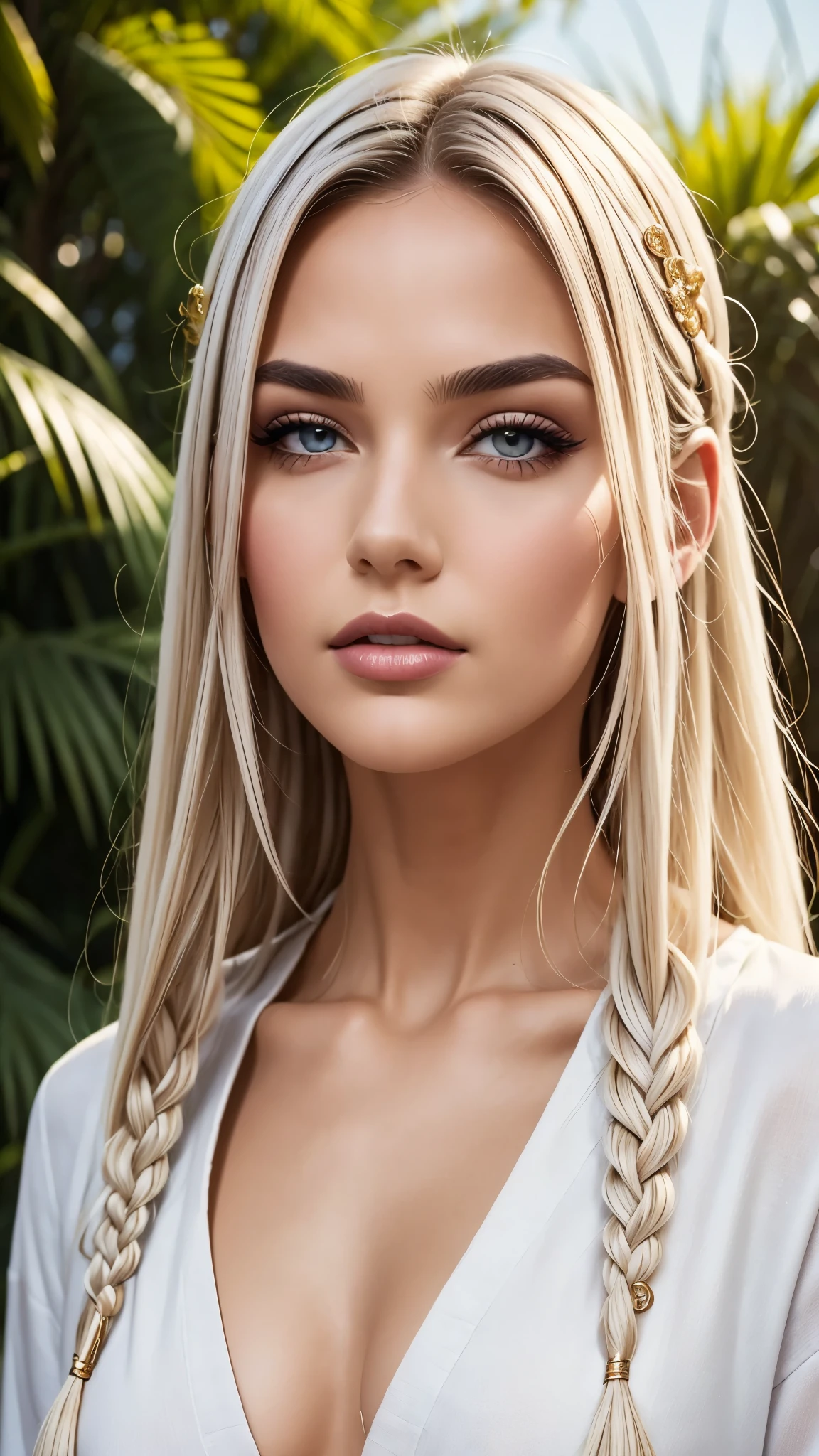 best quality, masterpiece,white hair, gold eyes,white clothes, looking up, upper body,hair strand,Fair skin,side braids