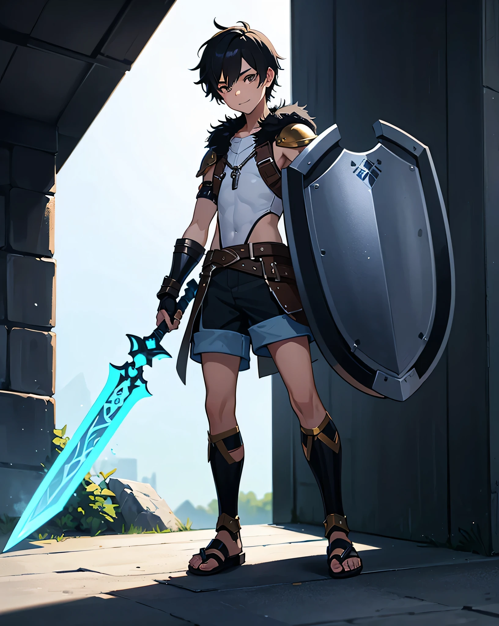 Young boy with black hair and brown eyes, innocent and happy, dressed in short neon-blue medieval barbarian clothes, fur shorts, light-blue battle armor, weilding silver sword and shield, sandals; fullbody; short hair, boyish athletic, sexy, 13-years-old