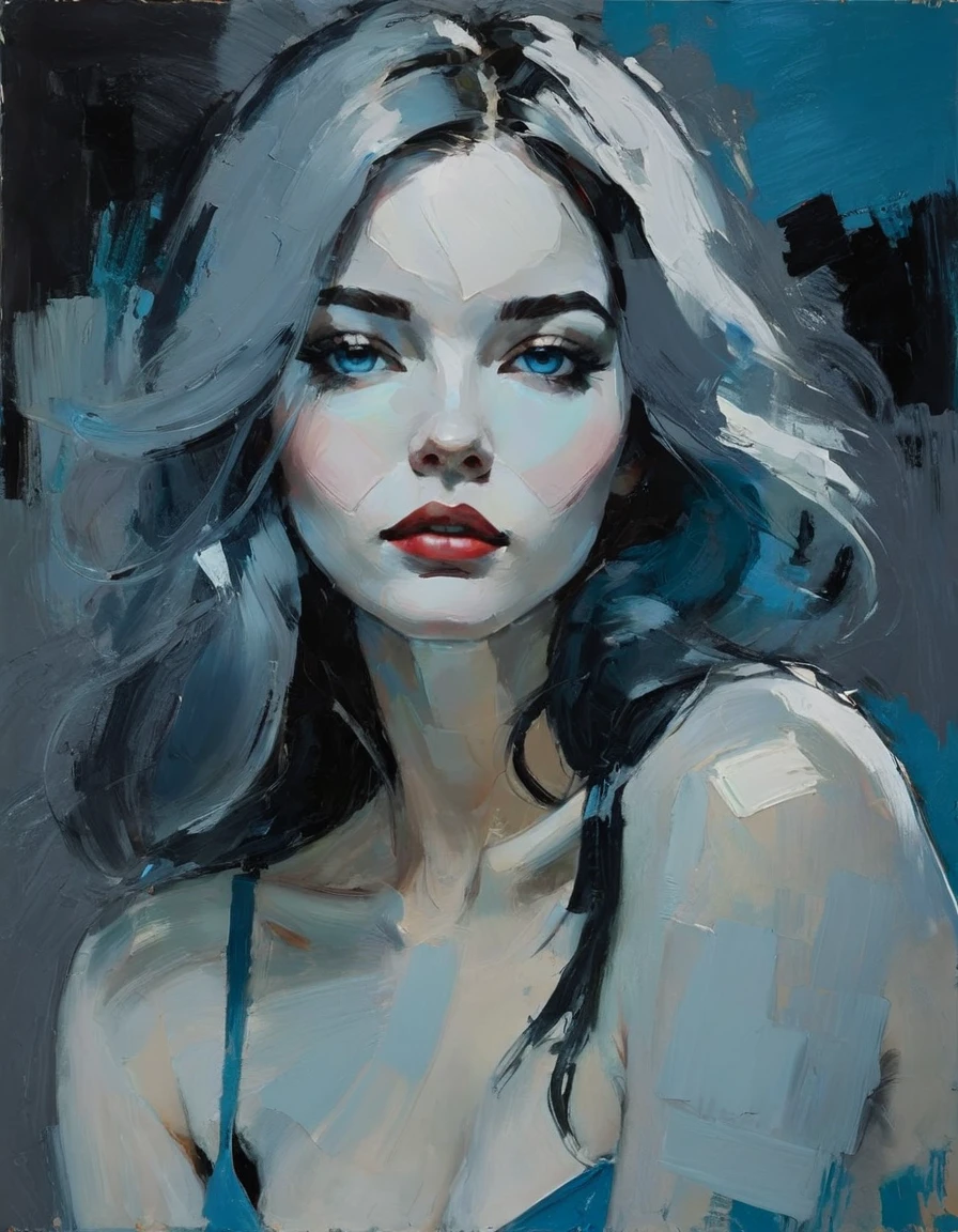 Create a contemporary portrait of a person in the expressive and painterly style of Malcolm Liepke, ((speed painting))+++ portrait of woman, palette knife painting, painted in impressionist style, brushstroke painting technique, large strokes, bright blue, very dark gray, and light grayish blue.