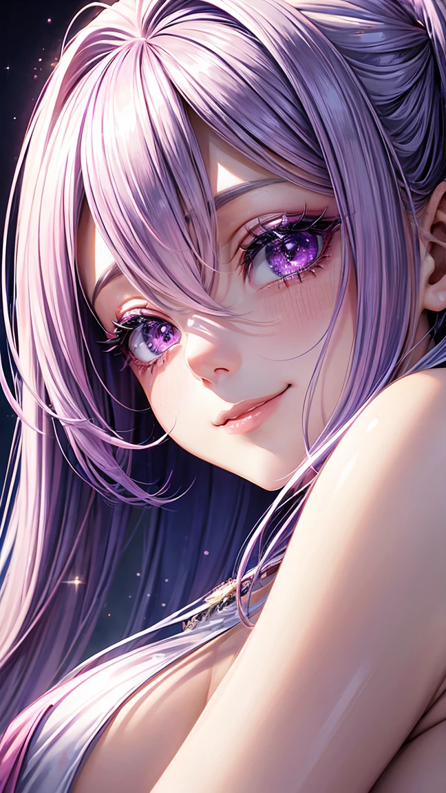 Polished RAW photos、,Close-up photo,full face,Big eyes、purple pink hair,transparent eyes,Beautiful makeup、Long eyelashes、smile、smile,Beautifully detailed eyes,32k images　Ultra high resolution、Overall view,High definition lines,white balance,glittering silver mist