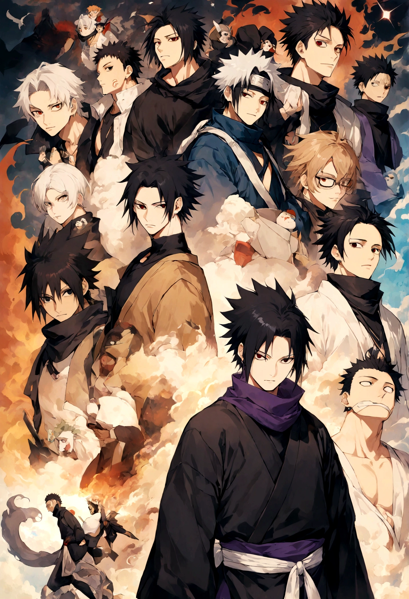 1 menino, homens&#39;Centro, Sasuke Uchiha,obito, Obra de arte, mais alta qualidade, so cute,、legal、、mais forte、aura maligna、Ninja、Luz azul
