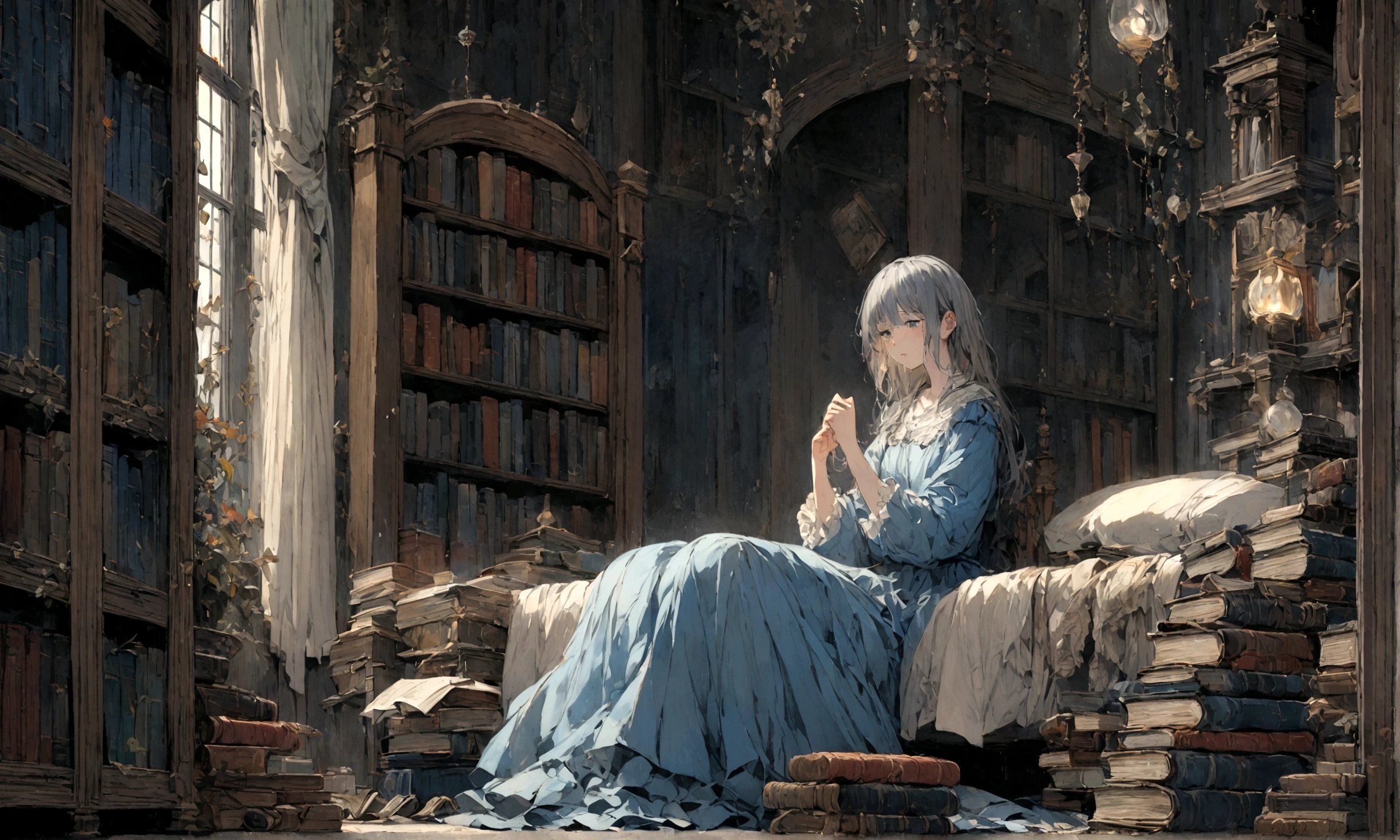a sad female wearing a blue dress, silently crying on her bed though accepting it, in front of a moonlit window surrounded by books