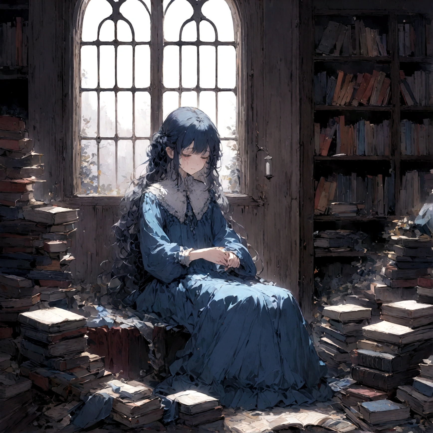 a sad female wearing a blue dress, silently crying on her bed though accepting it, in front of a moonlit window surrounded by books