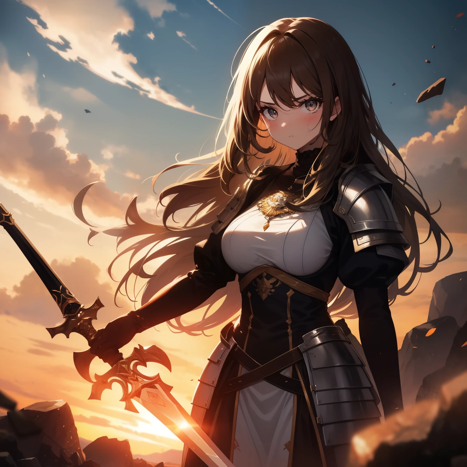 1 girl. Standing tall and proud on top of a hill of rocks. Destroyed kingdom in the back ground. Knights armor. Holding a sword. Serious. Light brown hair. Amber eyes. ((best quality))