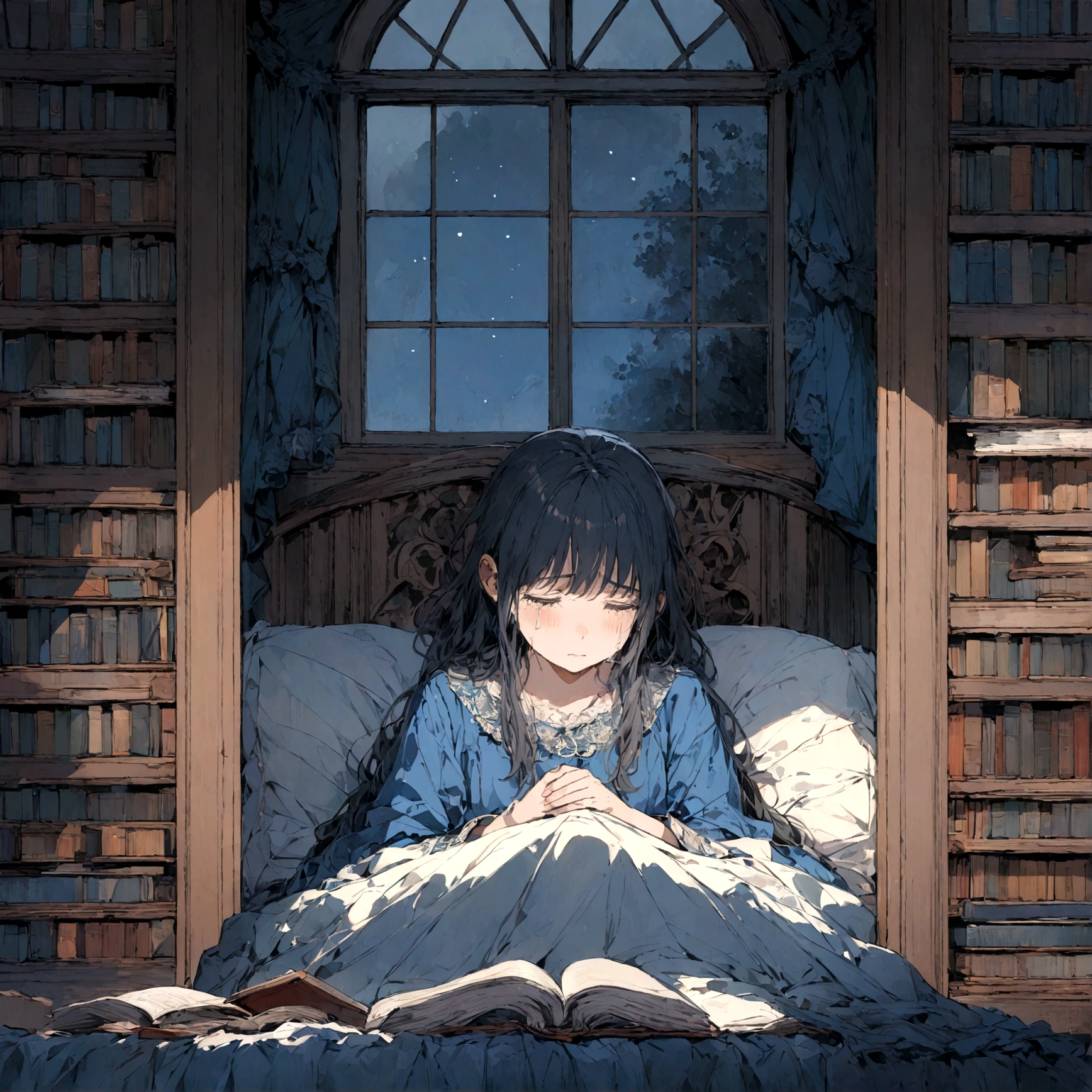 a sad female wearing a blue dress, silently crying on her bed though accepting it, in front of a moonlit window surrounded by books