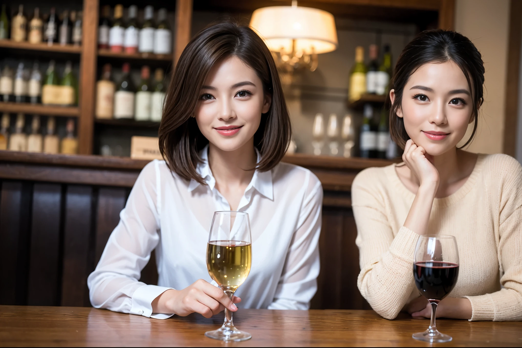 ((highest quality、8k、masterpiece:1.3))、1 male、1 female、Couple、Spouse、Couple、The body is slim、((Bob Hale、Straight hair:1.2)), (Realistic, Intricate details:1.2), テーブルの上のwine glass、Shine light on your face、 Amazing view of the sunset sky and clouds、Amazing mountain views、A bright smile、The wonderfulness of smile、Bright image、The beauty of wine, Beautiful Face, blue eyes, The light shines on your face, Blushing, short hair,Bright Face、 (Age 37), 39 years old, red wine 、Appetizers、Italian food、Wine bottle、Champagne、sparkling wine、Two beauties、Brown Hair、Shortcuts、Long sleeve shirt、dress、Pretty Woman 1, (slimな顔), (The body is slim), (Brown Hair), (Shortcuts), cheeks turn a little red,Attractive beauty、restaurant, In a prominent place (From the waist up) Nova Frog Style, actress, model, Upper Body, White wine, slim, wine glass, 中央に置かれたwine glass, smile, (smile: 1.15), Beautiful fine grain, Depth f/2,saturation, High Contrast, Strong light and shadow,Moist Body:1.5、3D texture、Delicate eyes、Brown Hair、The hair is very shiny、