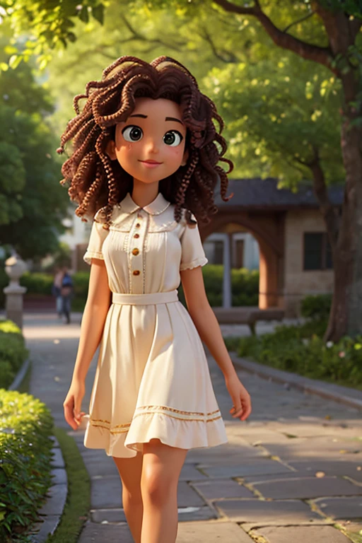 young university student, mixer skin, curly hair, walking through a park, frontal view, highly detailed face, cinematic lighting, photorealistic, 8k, masterpiece, intricate details, warm color tones, natural environment, graceful pose, elegant fashion, flowing hair, serene expression, lush greenery, detailed foliage, cobblestone path, dappled sunlight, atmospheric perspective, depth of field, happy face