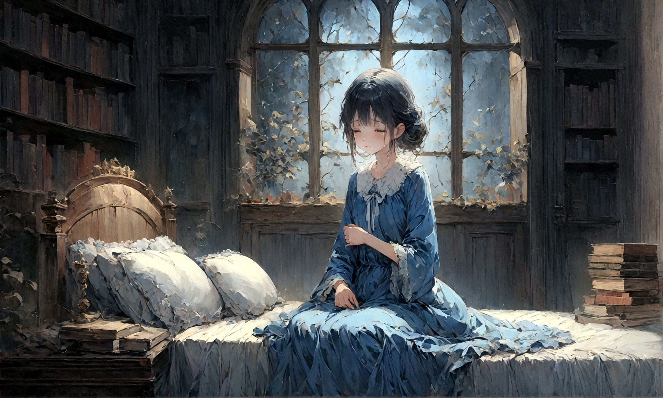 a sad female wearing a blue dress, silently crying on her bed though accepting it, in front of a moonlit window surrounded by books