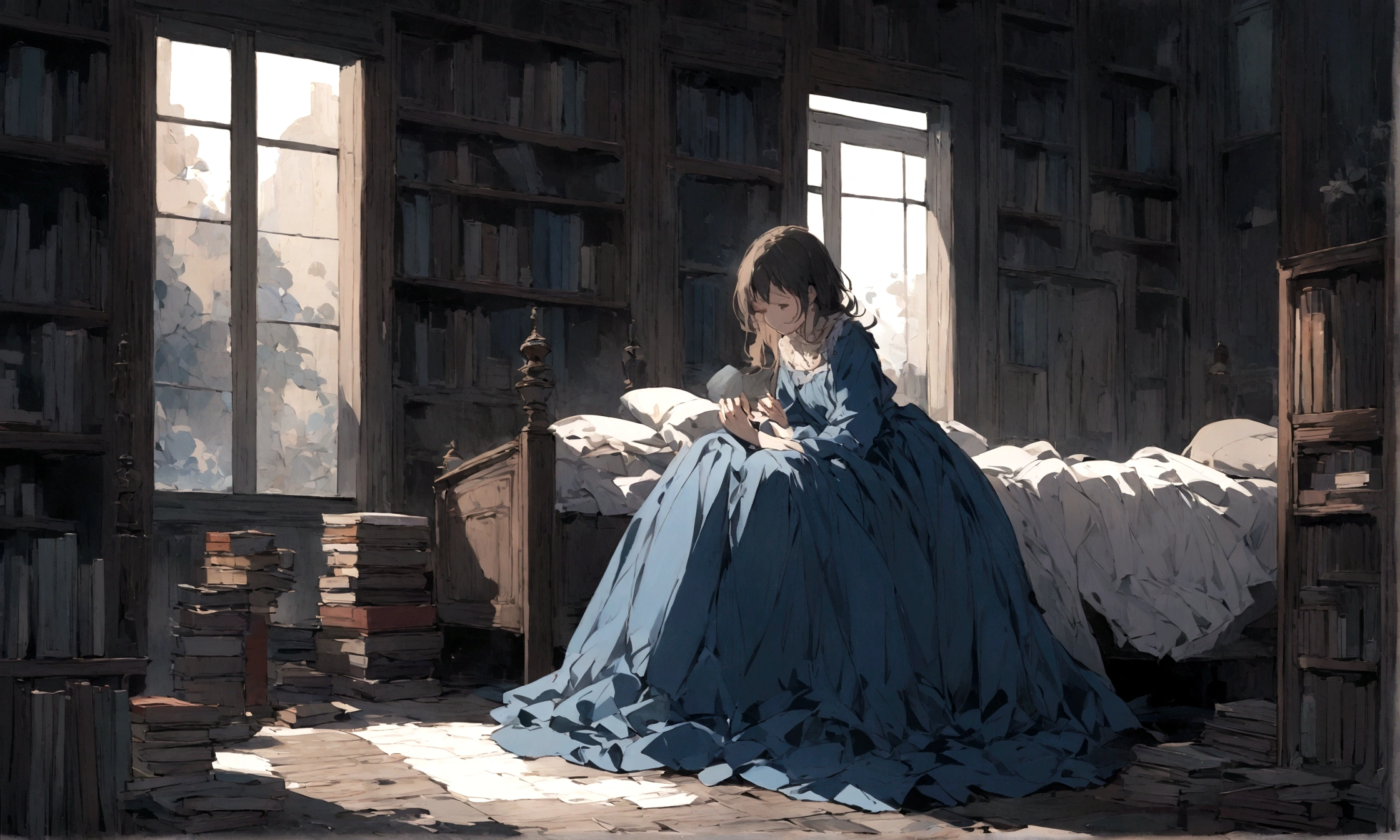 a sad female wearing a blue dress, silently crying on her bed though accepting it, in front of a moonlit window surrounded by books