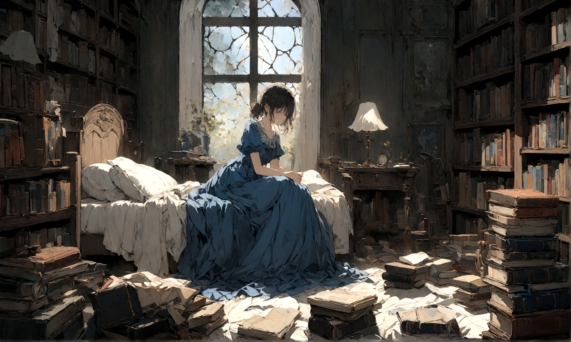 a sad female wearing a blue dress, silently crying on her bed though accepting it, in front of a moonlit window surrounded by books