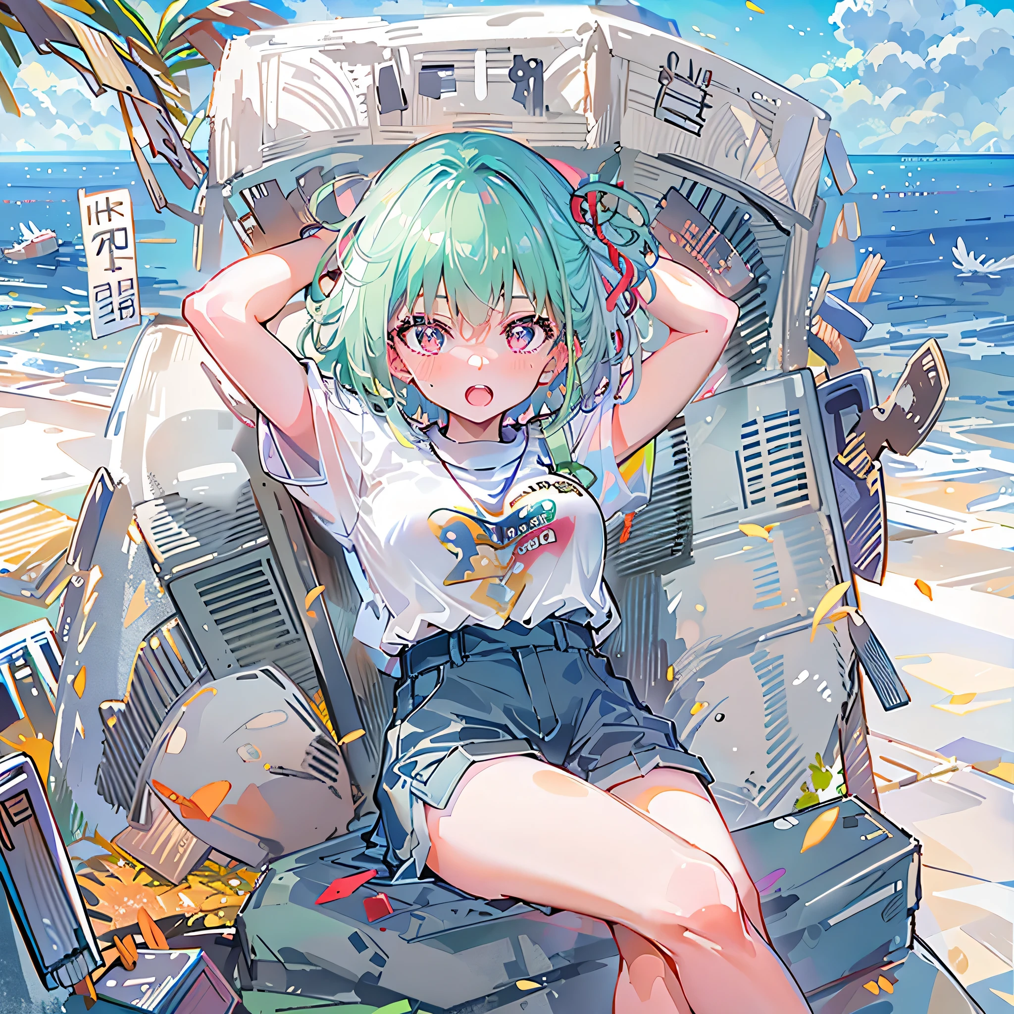 8K resolution、((top-quality))、((masterwork))、((ultra-detailliert))、1 woman、solo、incredibly absurdness、Oversized T-shirt’s 、ocean、plein air、Sateen、neons、Shortcut Hair、lights green Hair Brightly colored eyes、Hands in pockets、shortpants、really cute 、summer
