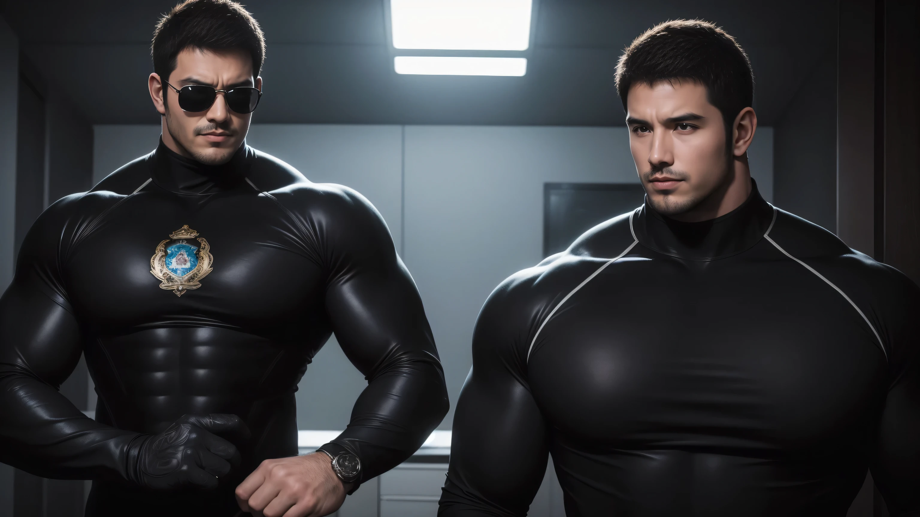 Super muscular man hugging, kissing and caressing, They hugged each other tightly on the soft sofa，Metallic sunglasses，Look at each other affectionately，They hugged each other affectionately，Buzz Cut，In the bedroom of a luxurious and noble mansion, Wear a long-sleeved cream turtleneck bodysuit, Thickened warm elastic texture，They look happy，Open your mouth，Smiling wickedly， Thick thighs, Messy hair, Thick thighs, High-necked long-sleeved cream turtleneck bodysuit, Very large feet wearing combat boots，very tight, Regular symmetrical pattern, Highlight muscles, Police uniform pants, Very large feet wearing combat boots，character concept（Resident Evil - Chris Redfield, Chris Redfield）A proud expression, Deep and charming eyes, Heroic male pose, tall Burly, muscular！muscular thighs, tough guy, perfect facial features, High, Burly, Heqiang, Super polished and cool, High Resolution Committee, Charismatic, The sun shines through the customers
