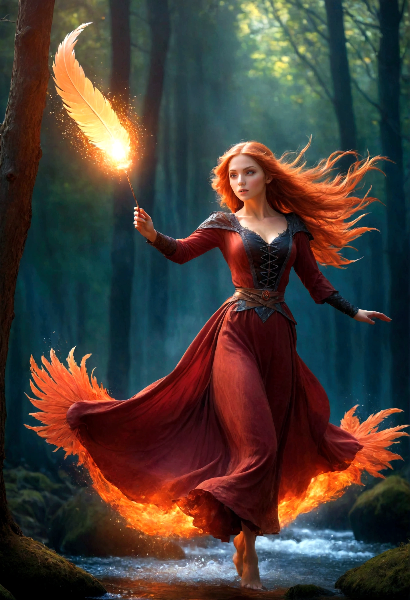 Beautiful witch flying with her body glowing like fiery flames in a medieval forest, color, wide shot, fiery red, shadows, medieval fantasy, high contrast color, lithography, 80s role-playing game cover art, noise, masterpiece, high quality, cinematic atmosphere, the surroundings glowing with the light from the fire, dramatic lighting, magical sparks and embers in the air, witch hovering in mid-air, her body radiating intense heat and light, ethereal and powerful presence. (Water Effects, Light Effects, Fluttering Feathers:1.2),