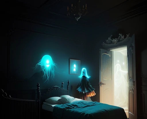 there is a woman in a bed with a ghost in the background, nightmarish illustration, sleep paralysis, eerie nostalgic concept art, ghostly figures, creepy!!, ghostly spirits, sleep paralysis monster, an ominous fantasy illustration, spirits coming out of portal, horror illustration, nightmare scene, cosmic horror concept art, sleep paralysis demon, ghostly teenager bedroom, ghostly figure