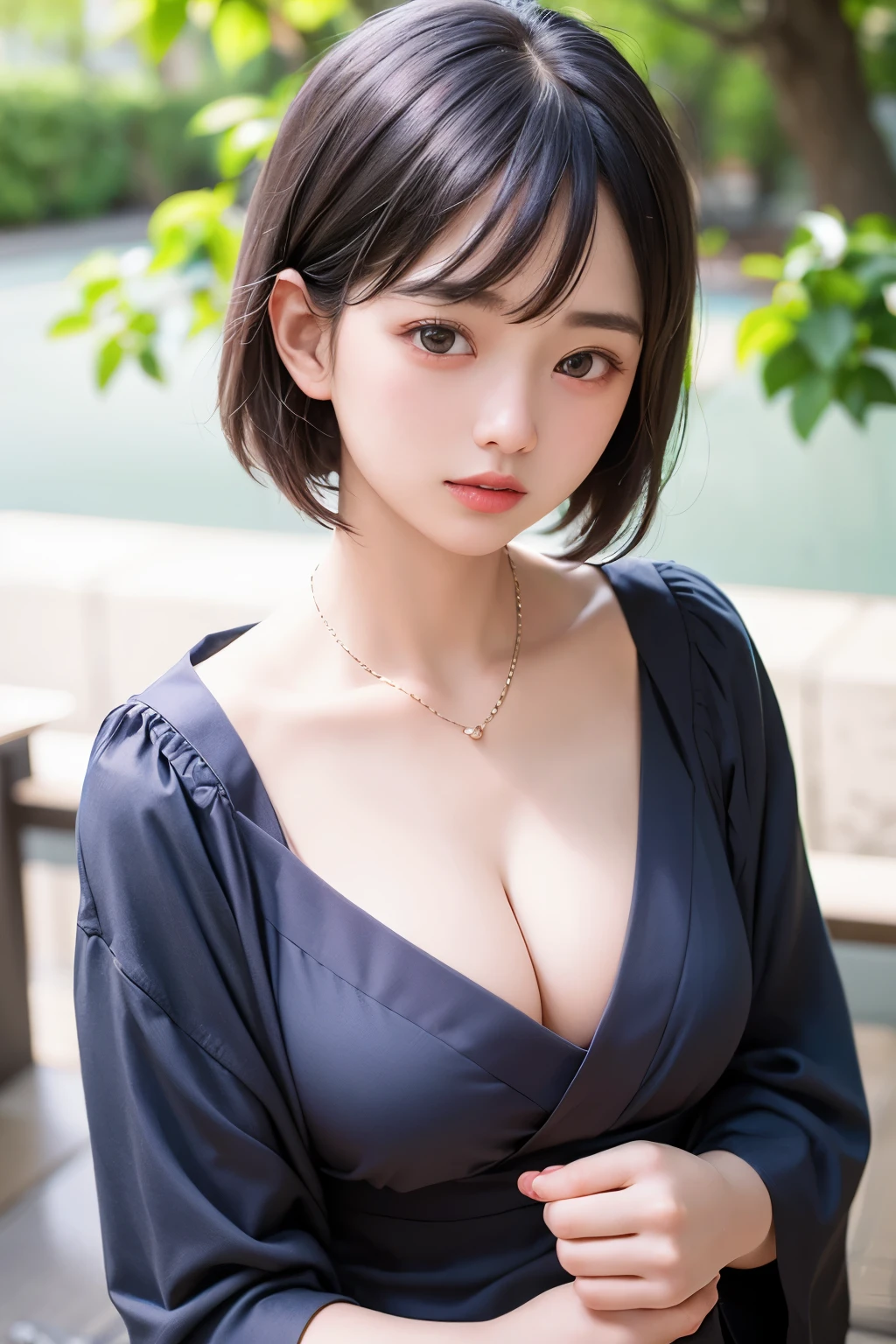 (1 nogizaka girl,raw photo,photo realistic:1.5),(best quality, high quality,HDR, highest quality,ultra high resolution,high resolution,high res,ultra high difinition,huge file size,8K,2K wallpaper,8K wallpaper,high quality texture,amazing,an extremely delicate:1.4),one girl, Japanese famous idol,beautiful face,small face,absurd,ridiculous,incredibly ridiculous,blurry background,(sundress,short hair,cleavage,no makeup:1.2),medium skin,beautiful skin,detailed skin,black hair,silky hair,(Japanese eyes:1.3),detailed eyes,black eyes,Japanese idol eyes,triangle eyes,Japanese nose,5-fingers,(Light Particles, Lens Flare, Luminous Particles: 0.7),looking at viewer,bright lighting,professional lighting,girl