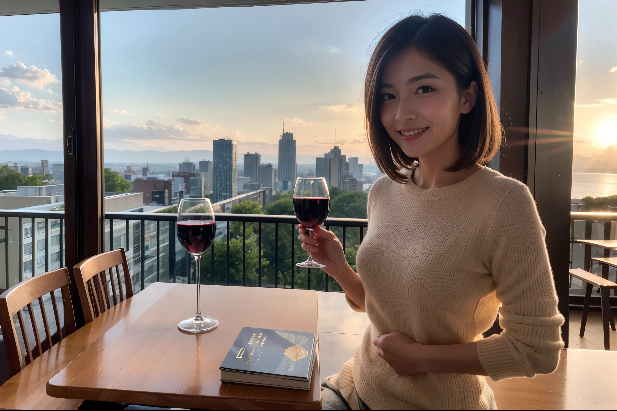 ((highest quality、8k、masterpiece:1.3))、1 male 1 female、lover、really like、Beautiful couple、The body is slim、テーブルの上のwine glass、Lighting the face、 Amazing view of the sunset sky and clouds、A bright smile、The wonderfulness of smile、Bright image、Beautiful Face, short hair,Bright Face、 (Age 43), 39 years old, red wine 、Appetizers、Italian food、Wine bottle、Champagne、sparkling wine、Two beauties、Brown Hair、Shortcuts、Long sleeve shirt、dress、Pretty Woman 1, (slimな顔), (The body is slim), (Brown Hair), (Shortcuts), cheeks turn a little red,Attractive beauty、restaurant, In a prominent place (From the waist up) Nova Frog Style, actress, model, Upper Body, White wine, slim, wine glass, 中央に置かれたwine glass, smile, (smile: 1.15), Beautiful fine grain, Depth f/2,saturation, High Contrast, Strong light and shadow,Moist Body:1.5、3D texture、Delicate eyes、Brown Hair、The hair is very shiny、