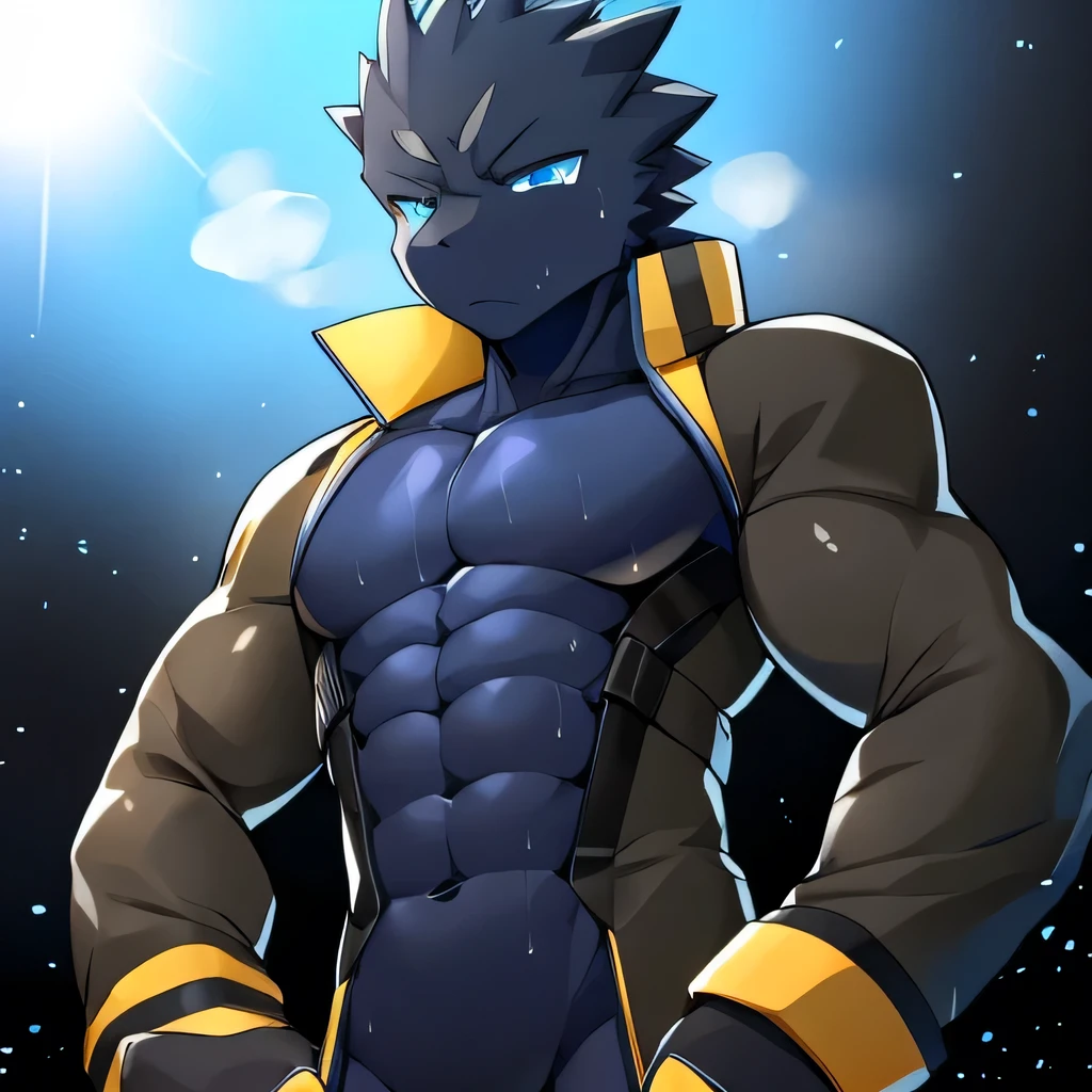 Thin macho　western black dragon　　abs　　　　　Hollow abs　　body suit　　thick arms　　　chest rig　　　、sweaty　　　skin glow　　profile　　Wearily　short of breath　　  　Chemo shota　　ゴーグル
have a 　blue eyes　Tired look　Glowing abs　Moat's deep abs　Belly button jacket