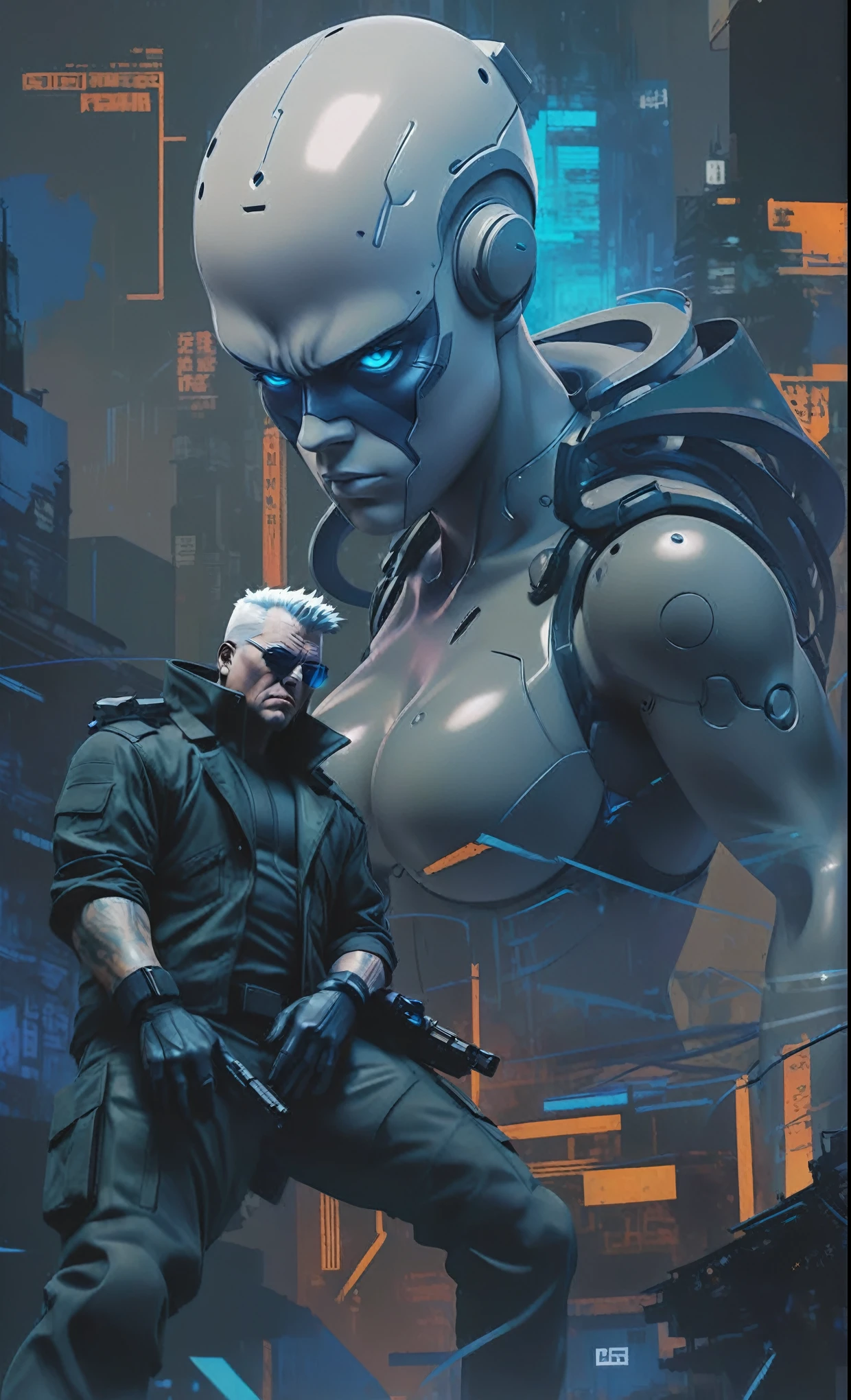 Ghost in the Shell Vol.2 - Batou, by Luis Duarte, Luis Duarte style, blue and black shading, Neo-Tokyo style, Element Air, Mythpunk, Graphic Interface, Sci-Fic Art, Dark Influence, NijiExpress 3D v3, Kinetic Art, Datanoshing, Oilpainting, Ink v3, Splash style, Abstract Art, Abstract Tech, Cyber Tech Elements, Futuristic, Illustrated v3, Deco Influence, AirBrush style, drawing