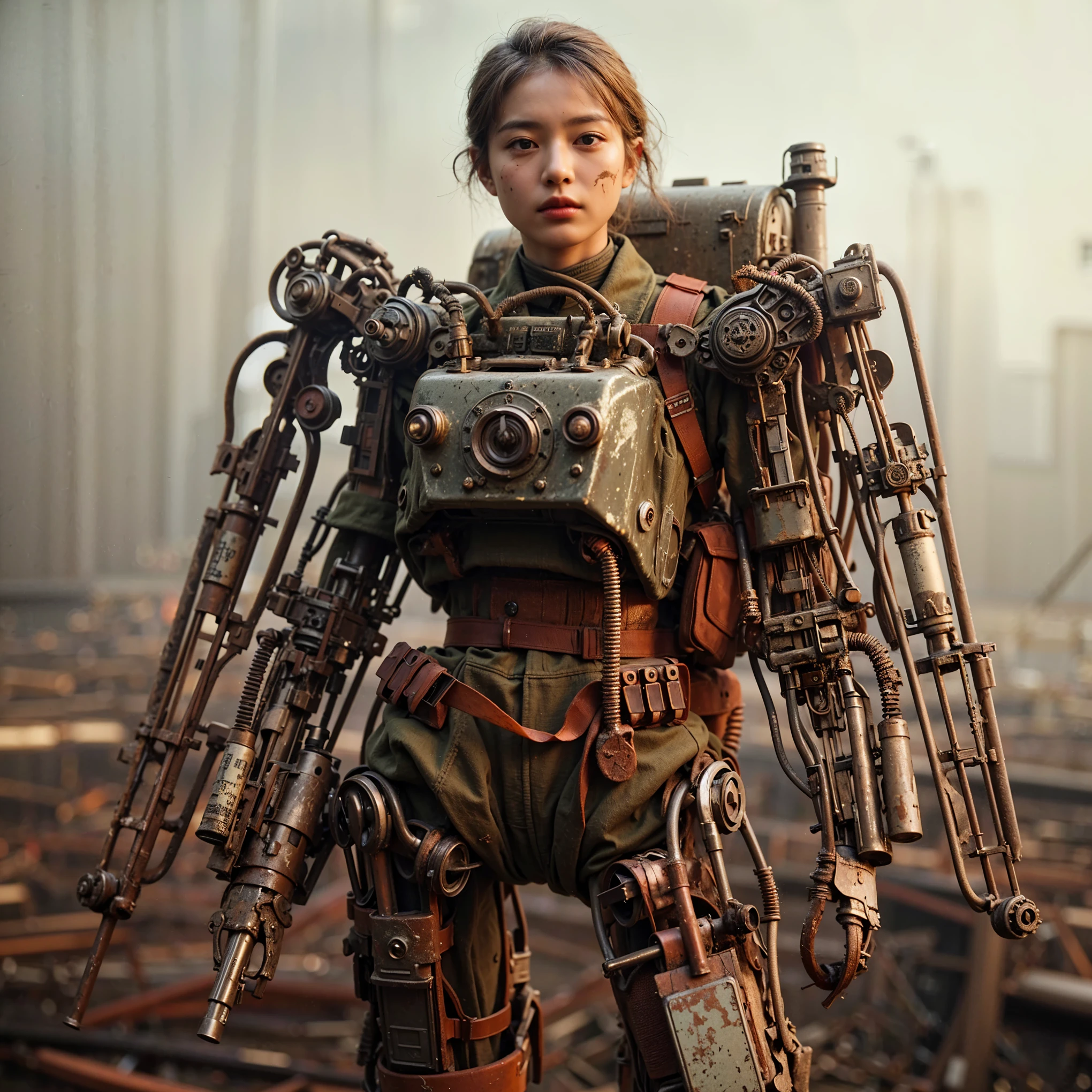 ((super intricate all details)),((super realistic all textures)),Overall photo of a female soldier sitting on a piece of fictional WWII Japanese military type weapon, beautiful face, dirty clothes, very intricate details, olive drab paint, peeling paint, weathering, rust, taken with Fuji film X-T30+Nokton. HDR10