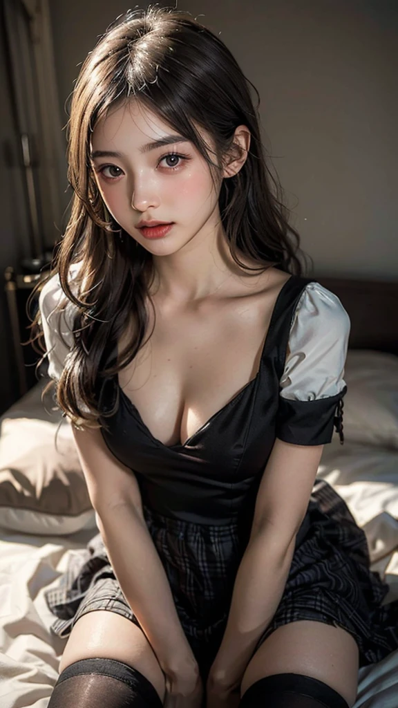 RAW Photos:1.2), masterpiece, In 8K, High resolution, (Realistic:1.4), ((Sit on the bed:1.4))、((Pose with sides shown:1.5))、((Cowboy Shot:1.4))、((Shooting from below:1.4))、Surreal Girl, Very detailed目と顔, Beautiful and detailed, ((Faithful anatomy:1.4))、Realistic Face, High resolution, Very detailed, Highest quality, ((masterpiece:1.7))、((garter:1.4))、 Very detailed,growing up, Mansion, Highest quality, Light on the face, Light, ((Brown single hair bun:1.4))、((Small breasts:1.4))、((Cleavage:1.4))、18-year-old female, (Looking down and crying 1.3), ((Accentuate your thighs:1.4))、((I can see her panties:1.5))、Head ornament, ((Dark green maid clothes:1.5)), Black Ribbon, Puff sleeves, round 1, choker, ((White frilly apron:1.4)),