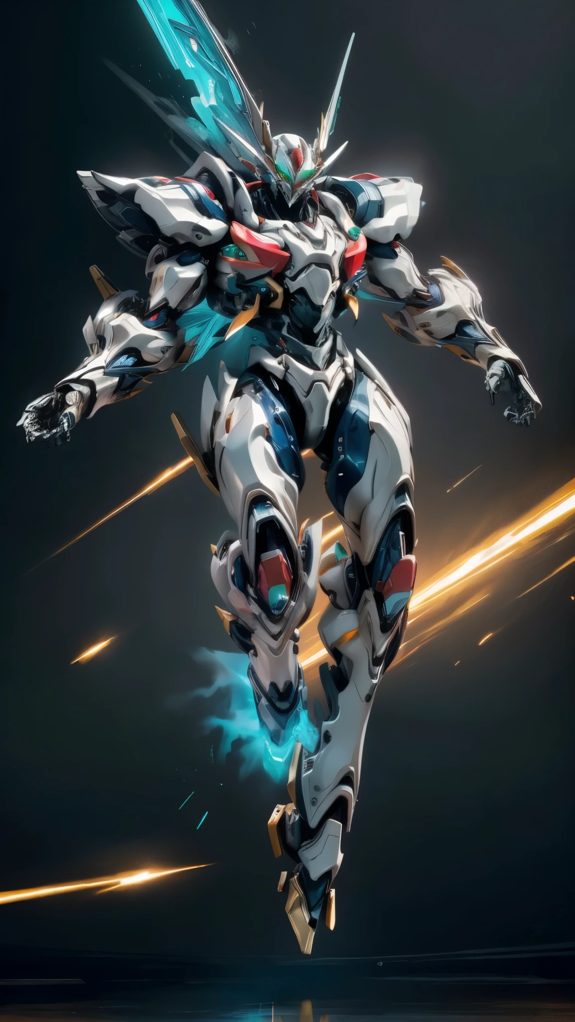 Humanoid Mecha, fully enclosed shoulder guards, matching arm and leg guards, full body, full armor, the design balances heavy with agility, (the color scheme is primarily white with red and blue accents, the concept Inspired by Super robot, organic biotech armor, standing, floating high above the futuristic sci-fi city), exquisite and mature art style, (aura effect, energy, glowing eyes, the armor glows), ((SRS)), metallic, dynamic, dramatic, high definition, best quality, highres, ultra-detailed, ultra-fine painting, extremely delicate, professional, perfect body proportions, anatomically correct, symmetrical face, extremely detailed eyes and face, high quality eyes, creativity, RAW photo, UHD, 32k, Natural light, cinematic lighting, masterpiece-anatomy-perfect, masterpiece:1.5