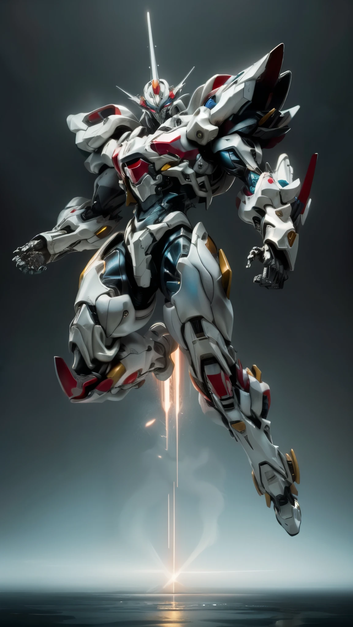 Humanoid Mecha, fully enclosed shoulder guards, matching arm and leg guards, full body, full armor, the design balances heavy with agility, (the color scheme is primarily white with red and blue accents, the concept Inspired by Super robot, organic biotech armor, standing, floating high above the futuristic sci-fi city), exquisite and mature art style, (aura effect, energy, glowing eyes, the armor glows), ((SRS)), metallic, dynamic, dramatic, high definition, best quality, highres, ultra-detailed, ultra-fine painting, extremely delicate, professional, perfect body proportions, anatomically correct, symmetrical face, extremely detailed eyes and face, high quality eyes, creativity, RAW photo, UHD, 32k, Natural light, cinematic lighting, masterpiece-anatomy-perfect, masterpiece:1.5