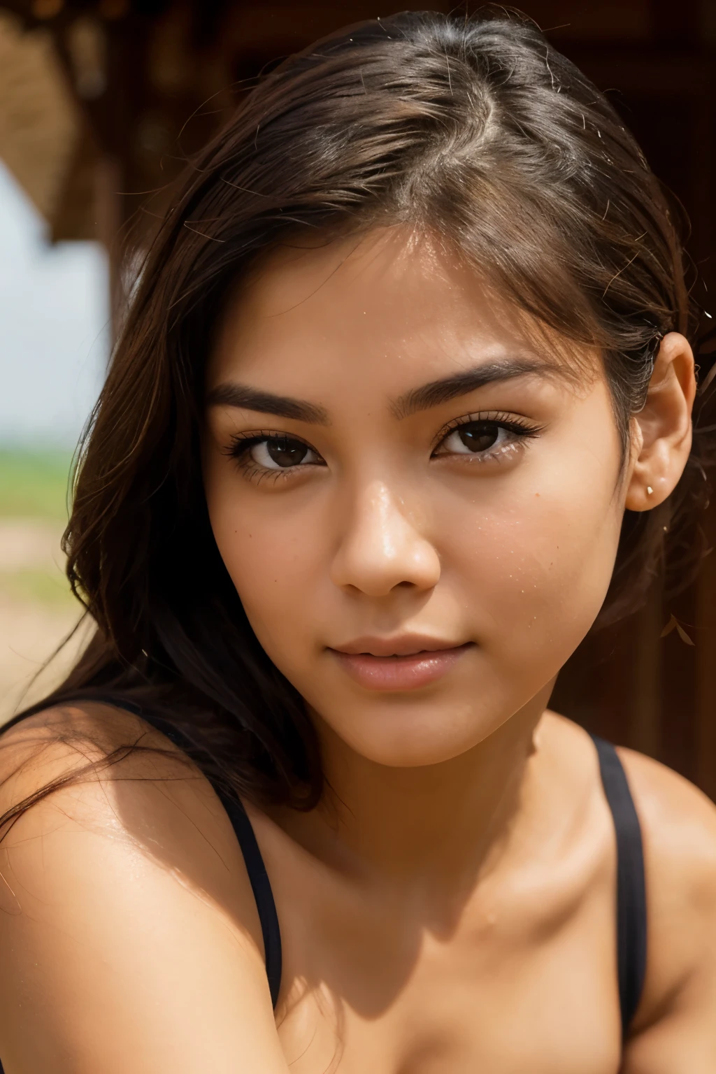 23 year old woman with tanned skin with a beautiful face , slightly defined jaw with pronounced cheekbones and almond-shaped honey-colored eyes with Chinese brown hair down to below the shoulders with a weight of 60 kilos and a height of 1.60 meters very realistic photo in HD with front light and taken with a canon eos r6 camera