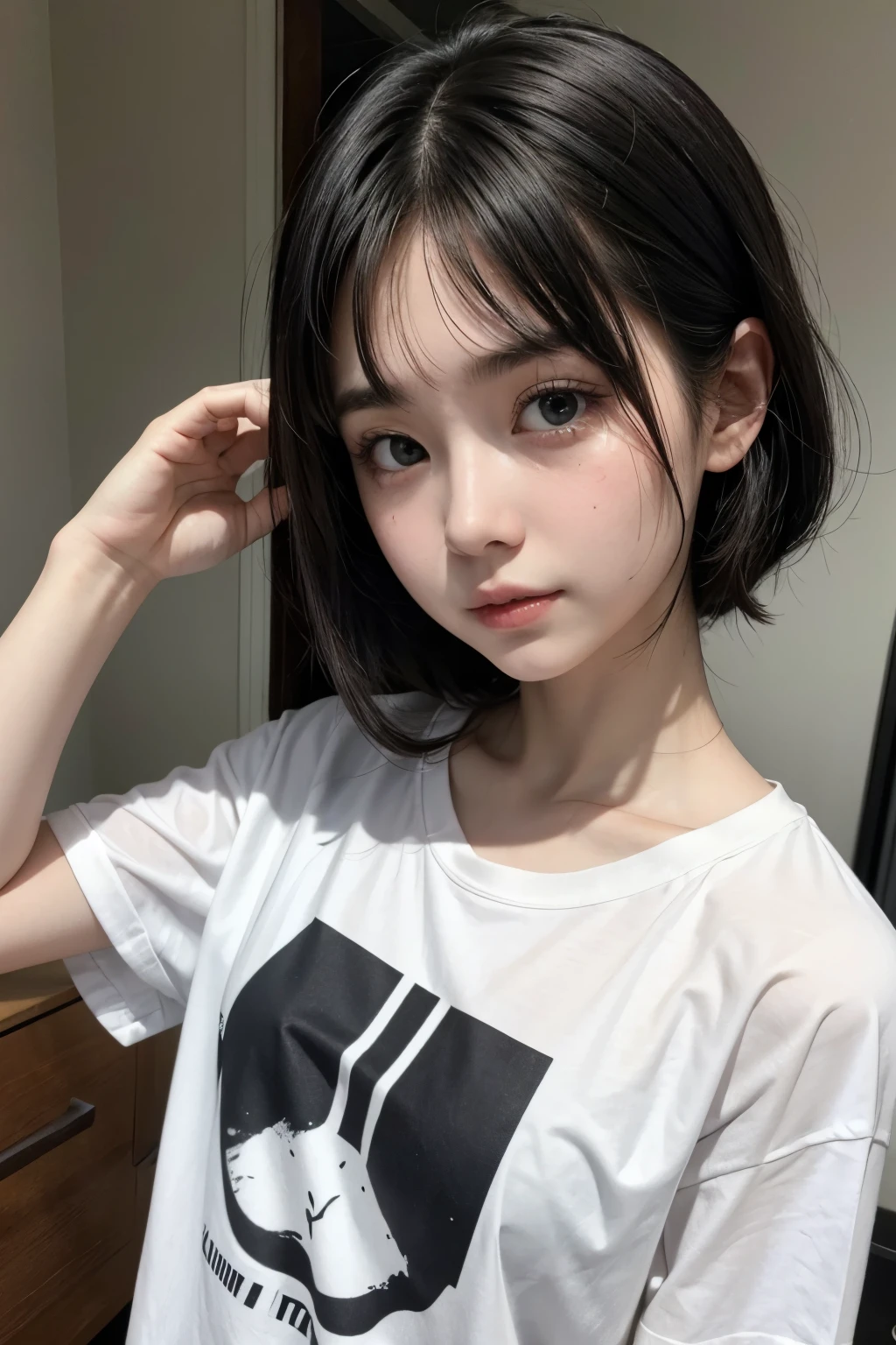 Girl White Skin with T-shirt Black Hair