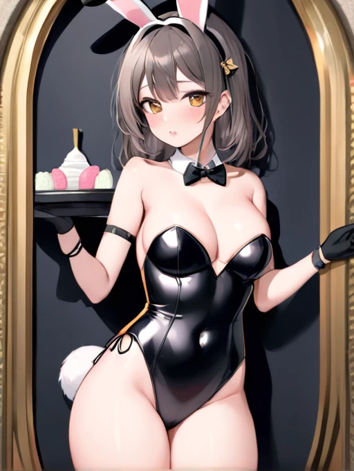 ultra-detailed,(highest quality),((masterpiece)),(High resolution),original,very,Xing, One girl, gloves, chest, Animal ears, Playboy Bunny, black gloves, Adult Toys, alone, Bunny ears, fake Animal ears, leotard, black leotard, tail, large chest, Strapless, bowtie, hair ornaments, chestの谷間, View Viewer, Exposing shoulders, tray, Strapless leotard, Dildo, bow, High leg, Detachable collar, Hair Clip, rabbit tail, Thighsストラップ, Wrist cuff, Covered navel, Cowboy Shot, fake tail, Thighs, High leg leotard, Show your hand, Earrings, Skin dents, Arm strap, Are standing, jewelry, Holding tray, Holding, blush, between legs, Mole, hair band, lotion Bottle, Mouth closed, Bottle, half gloves, Contrasting, side-tie leotard, Mole under eye, black bowtie, ass visible through Thighs