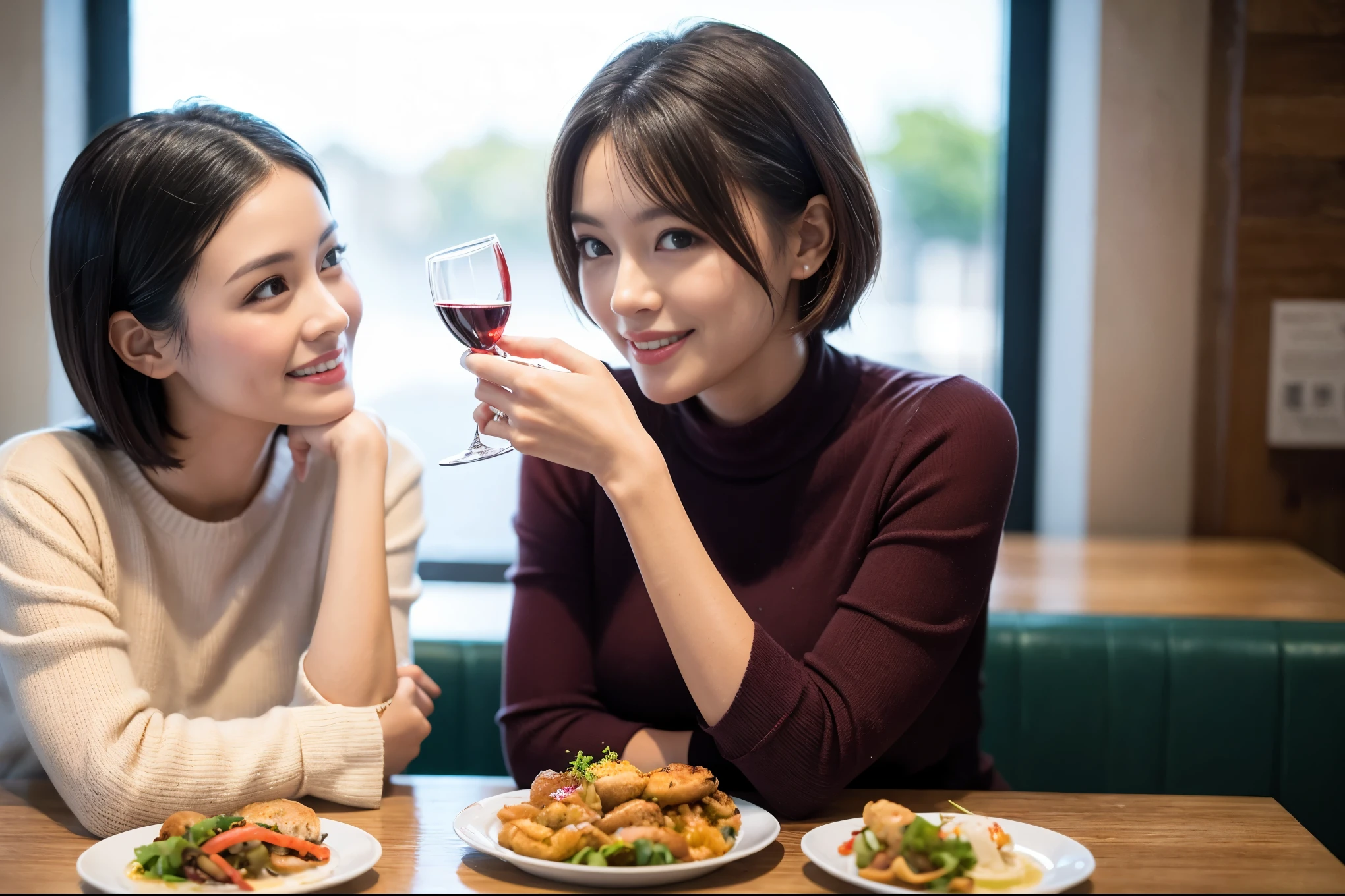 ((highest quality、8k、masterpiece:1.3))、1 male 1 female、石原さとみ似美女Couple、Lovers、Couple、The body is slim、 テーブルの上のwine glass、Shine light on your face、 Amazing view of the sunset sky and clouds、A bright smile、The wonderfulness of smile、Bright image、The beauty of wine, Beautiful Face, blue eyes, The light shines on your face, Blushing, short hair,Bright Face、 (Age 37), "36 years old, red wine 、Appetizers、Italian food、Wine bottle、Champagne、sparkling wine、Two beauties、Brown Hair、Shortcuts、Long sleeve shirt、dress、Pretty Woman 1, (slimな顔), (The body is slim), (Brown Hair), (Shortcuts), cheeks turn a little red,Attractive beauty、restaurant, In a prominent place (From the waist up) Nova Frog Style, actress, model, Upper Body, White wine, slim, wine glass, 中央に置かれたwine glass, smile, (smile: 1.15), Beautiful fine grain, Depth f/2,saturation, High Contrast, Strong light and shadow,Moist Body:1.5、3D texture、Delicate eyes、Brown Hair、The hair is very shiny、