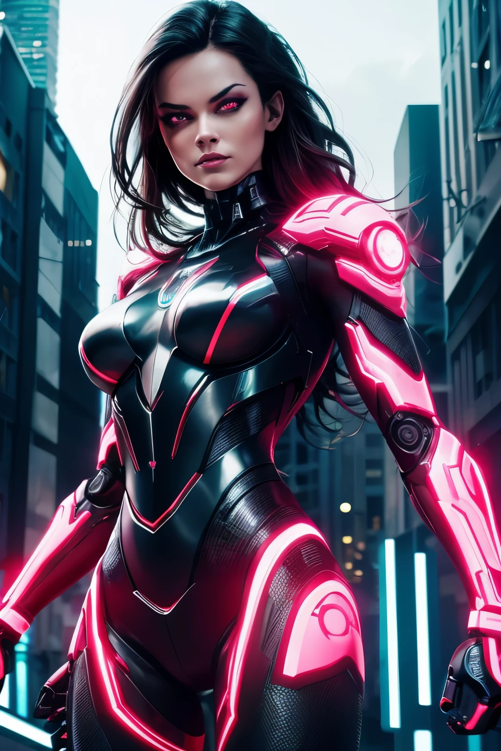 a woman robot from 2099, extremely detailed, cinematic lighting, dramatic pose, neon cyberpunk city background, hyper realistic, 8k, award winning digital art, intricate machinery, glowing eyes, chrome metal skin, dynamic composition, stunning colors, photorealistic, chiaroscuro lighting, elegant and powerful, futuristic, cinematic angle