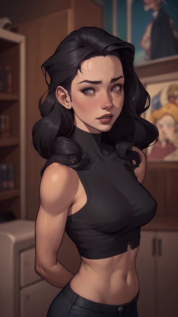 ((art by Kipteitei)), ((Masterpiece, best quality, perfect lighting, amazing shading)), (perfect anatomy, realistic proportions), field of depth, extremely beautiful, 1girl, (black hair), long hair, blue eyes, pencil skirt, aqua blue sweater, ribbed sweater, exposed shoulders, undershirt, high waisted belt, black tights, cute smile, detailed background, (cowboy shot)
