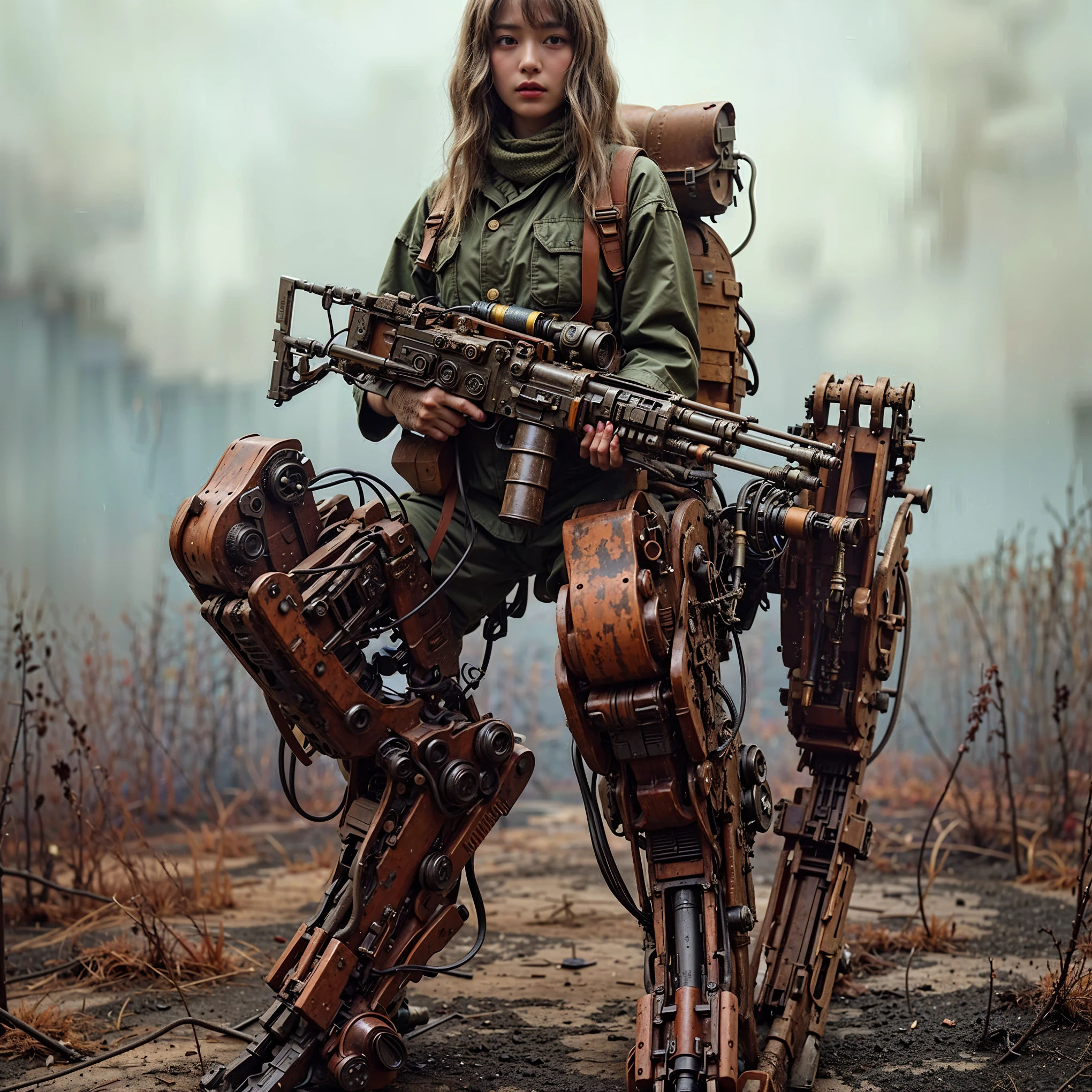 ((super intricate all details)),((super realistic all textures)),Overall photo of a female soldier sitting on a piece of fictional WWII Japanese military type weapon, beautiful face, dirty clothes, very intricate details, olive drab paint, peeling paint, weathering, rust, taken with Fuji film X-T30+Nokton. HDR10