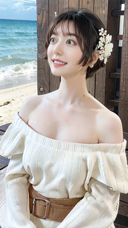 kana hanazawa,
One Woman,
Small flower petal hair ornament,
Natural skin texture,Sunburn,
White((Off-the-shoulder sweater)),
Broken posture,
Outdoor,Seaside,Sandy Beach,
Big Breasts,valley,expression(A big smile),joy,
The body is frontal,profile,
Beautiful image quality,Delicate shades,4K,Very detailed,