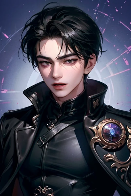 masterpiece, best quality, 1man, adult, male focus, solo, short black hair, korean, vibrant black eyes, looking at viewer, litle open mouth, emo, Fantasy aesthetics, Highly detailed, shadowverse style, leather coat