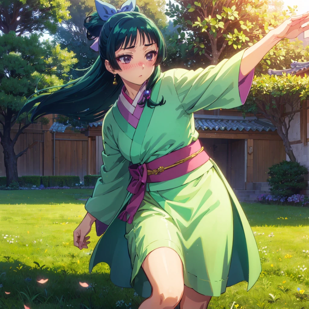 (((Maomao)))　((green　Standing in the field　Sunshine　Blushing　Dance　kimono))　(Shining Background　Shining Edge) High angle