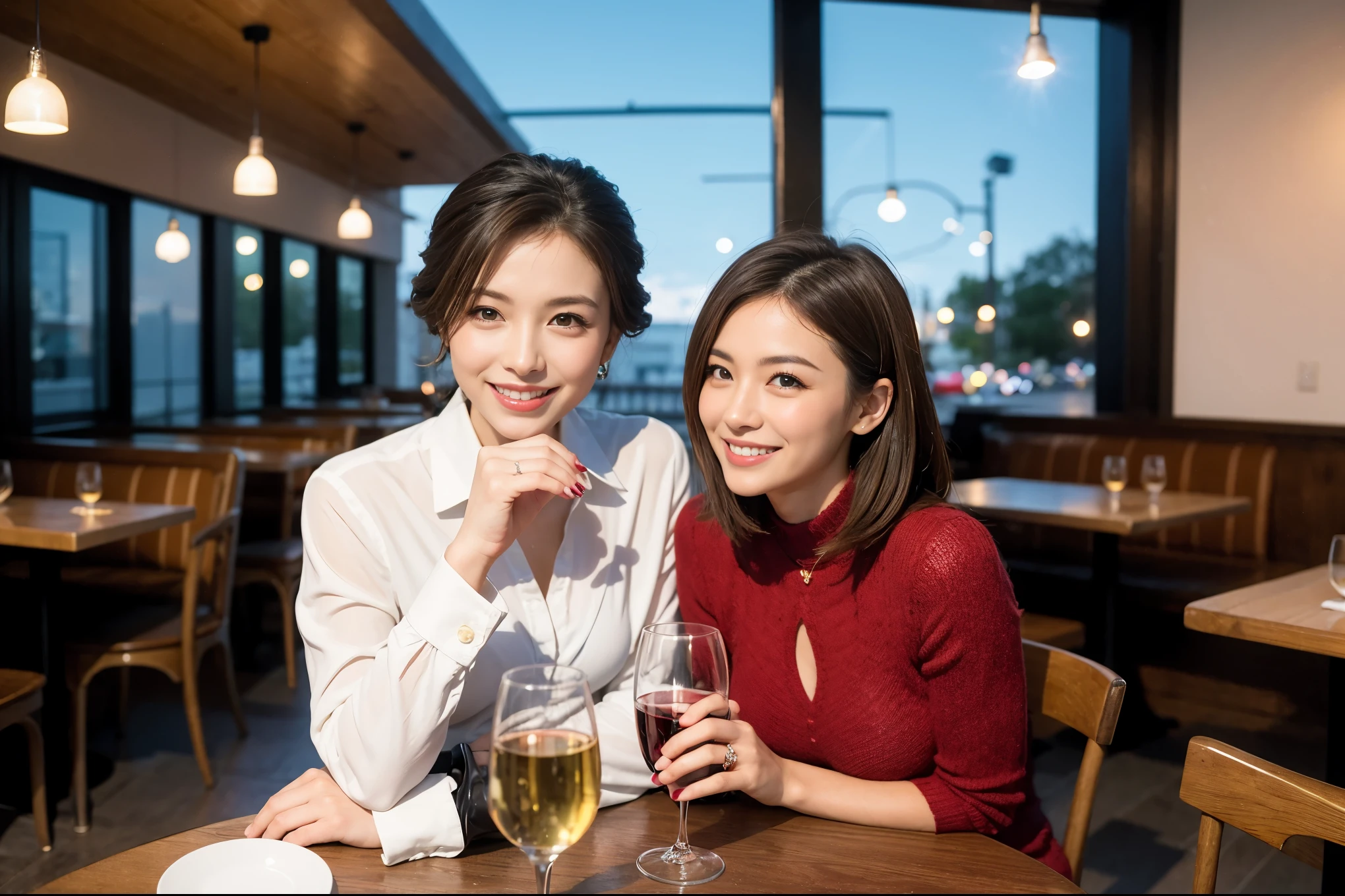 ((highest quality、8k、masterpiece:1.3))、1 male 1 female、石原さとみ似美女Couple、Lovers、Couple、The body is slim、 テーブルの上のwine glass、Shine light on your face、 Amazing view of the sunset sky and clouds、A bright smile、The wonderfulness of smile、Bright image、The beauty of wine, Beautiful Face, blue eyes, The light shines on your face, Blushing, short hair,Bright Face、 (Age 37), "36 years old, red wine 、Appetizers、Italian food、Wine bottle、Champagne、sparkling wine、Two beauties、Brown Hair、Shortcuts、Long sleeve shirt、dress、Pretty Woman 1, (slimな顔), (The body is slim), (Brown Hair), (Shortcuts), cheeks turn a little red,Attractive beauty、restaurant, In a prominent place (From the waist up) Nova Frog Style, actress, model, Upper Body, White wine, slim, wine glass, 中央に置かれたwine glass, smile, (smile: 1.15), Beautiful fine grain, Depth f/2,saturation, High Contrast, Strong light and shadow,Moist Body:1.5、3D texture、Delicate eyes、Brown Hair、The hair is very shiny、