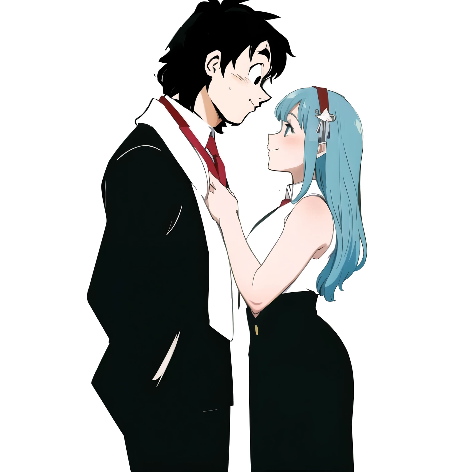Anime couple in formal attire standing next to each other, estilo anime 2d, 2 d anime, Goku e Bulma, estilo Akira Toryama, Dragon Ball
