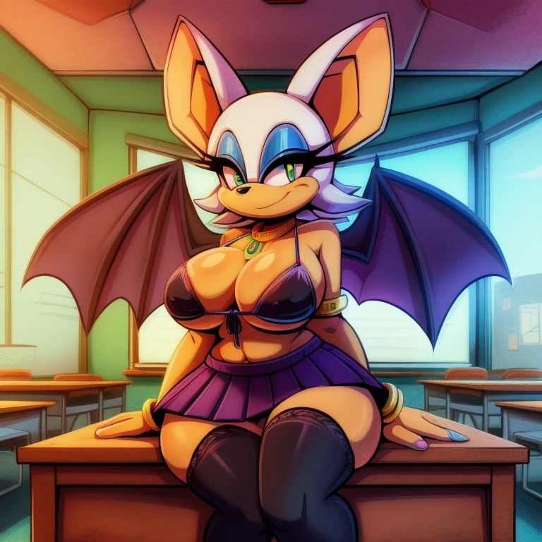 (uploaded on e621), (((by joelasko, by marthedog, by senshion))), detailed background, detailed, perfect hands, 5 fingers, ((ultradetailed, highest quality, 8k uhd, raw photo)), (full body shot, masterpiece, best_quality, ultra-detailed, immaculate:1.3), 1girl, solo, breasts, looking at viewer, smile, skirt, large breasts, thighhighs, animal ears, jewelry, green eyes, white hair, pleated skirt, wings, indoors, bracelet, makeup, bat wings, furry, desk, eyeshadow, furry female, classroom, school desk, animal nose, bat ears, Rouge the bat, sitting on desk, pink bikini top,