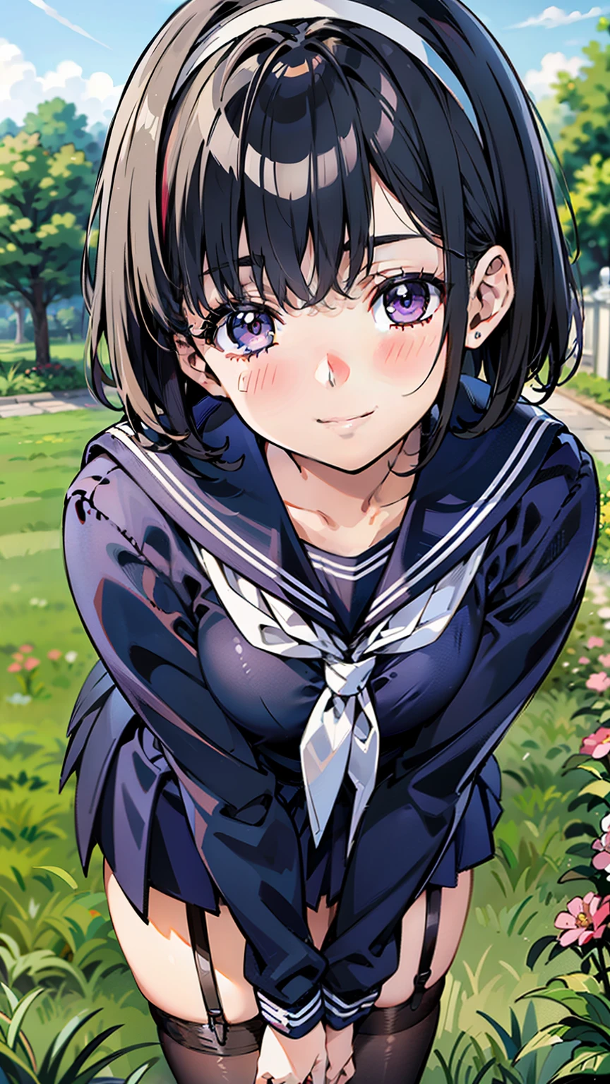 sailor uniform, One Woman, (A beauty woman, Delicate high school girl:1.3), 8K, highest quality, masterpiece, Very detailed, Ultra-high resolution, Realistic, RAW Photos, Absolute Resolution, Black Hair, Bobcut, Small face compared to body, Very small face, Black Hair, ((Navy blue sailor suit)), Navy Blue Skirt, High school girl in sailor suit, 2D Rendering of Anime, ((White headband)), Small breasts, tall, Slanted Eyes, Purple Eyes, Black Stockings, garter belt, Embarrassed smile, garden, (Take a photo with your smartphone:1.3), (Top-down position:1.3), blurry background,