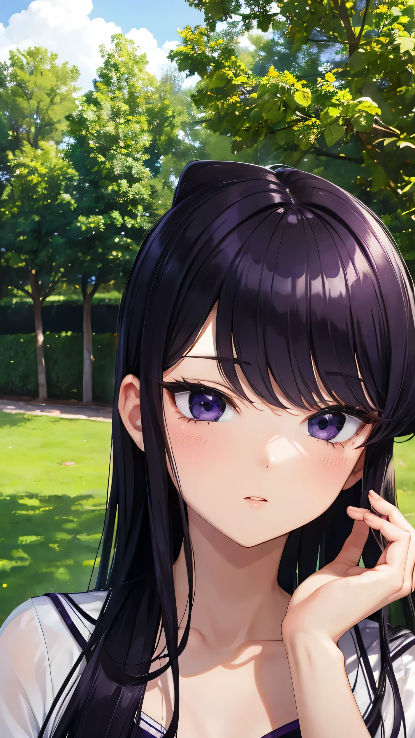 komi shouko, 1girl, absurdres, bangs, purple eyes, purple hair, day, highres, komi-san wa komyushou desu, long hair, looking up, outdoors, portrait, solo, upper body