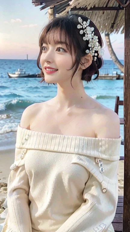 kana hanazawa,
One Woman,
Small flower petal hair ornament,
Natural skin texture,Sunburn,
White((Off-the-shoulder sweater)),
Broken posture,
Outdoor,Seaside,Sandy Beach,
Big Breasts,valley,expression(A big smile),joy,
The body is frontal,profile,
Beautiful image quality,Delicate shades,4K,Very detailed,