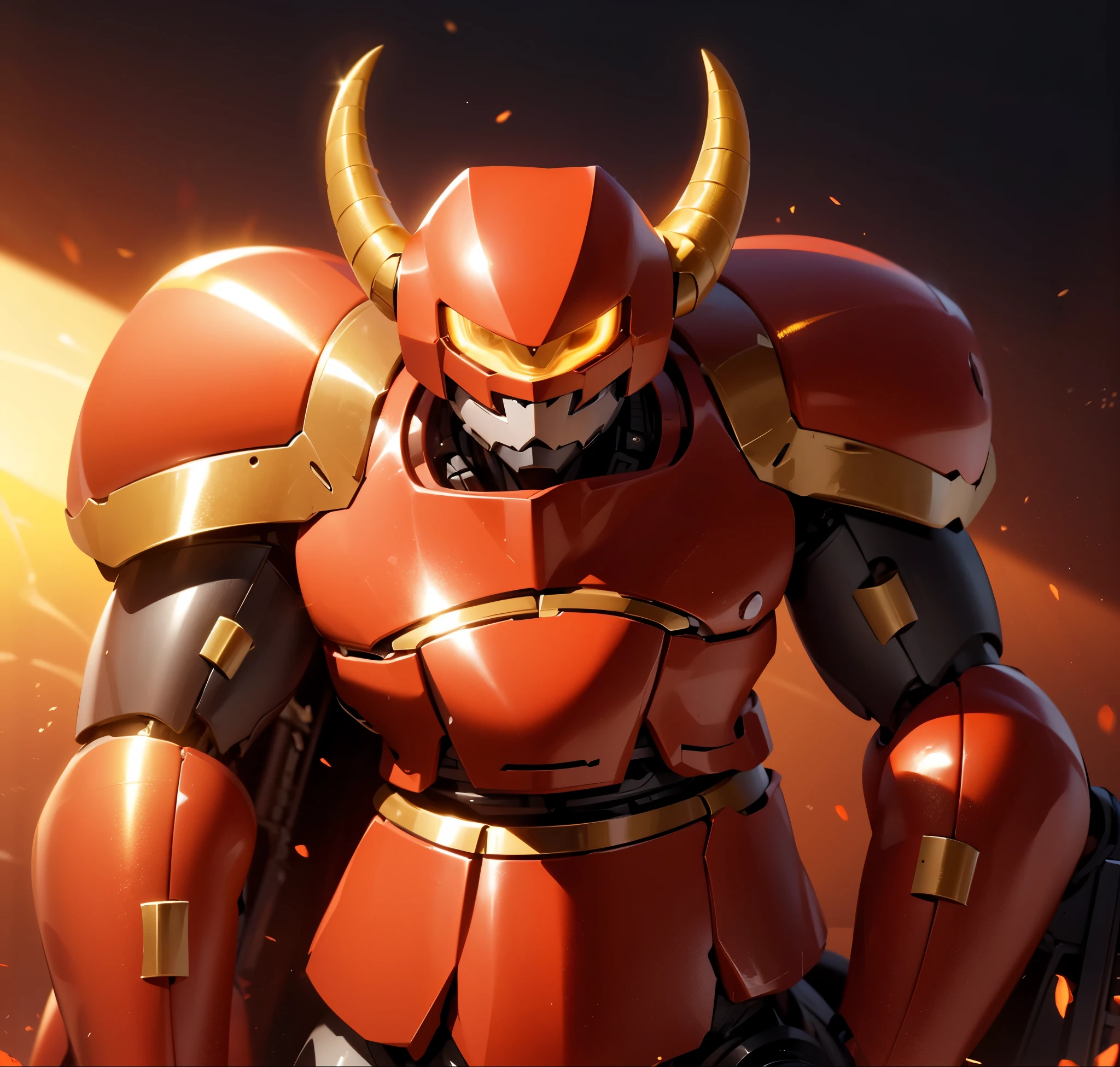 Robot, red mono eye, red body, high quality, golden horns on head, heavily armored,Robot, red mono eye, red body, high quality, golden horns on head, heavily armored, reddish-black shoulders, arm armor is an austere shade, sunset background,