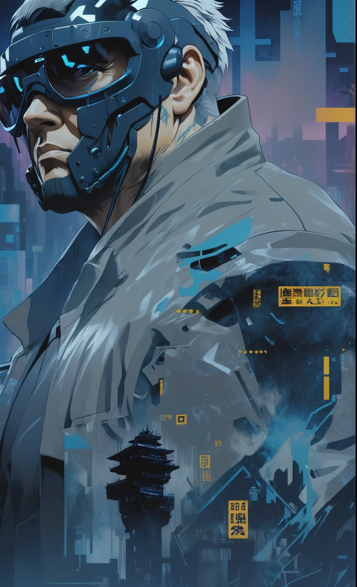 Ghost in the Shell Vol.2 - Batou, by Luis Duarte, Luis Duarte style, blue and black shading, Neo-Tokyo style, Element Air, Mythpunk, Graphic Interface, Sci-Fic Art, Dark Influence, NijiExpress 3D v3, Kinetic Art, Datanoshing, Oilpainting, Ink v3, Splash style, Abstract Art, Abstract Tech, Cyber Tech Elements, Futuristic, Illustrated v3, Deco Influence, AirBrush style, drawing