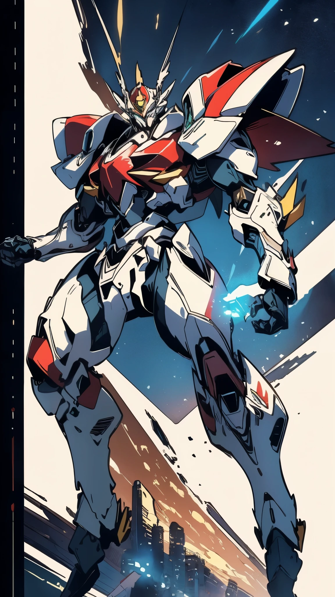 Humanoid Mecha, fully enclosed shoulder guards, matching arm and leg guards, full body, full armor, the design balances heavy with agility, (the color scheme is primarily white with red and blue accents, the concept Inspired by Super robot, organic biotech armor, standing, floating high above the futuristic sci-fi city), exquisite and mature art style, (aura effect, energy, glowing eyes, the armor glows), ((SRS)), metallic, dynamic, dramatic, high definition, best quality, highres, ultra-detailed, ultra-fine painting, extremely delicate, professional, perfect body proportions, anatomically correct, symmetrical face, extremely detailed eyes and face, high quality eyes, creativity, RAW photo, UHD, 32k, Natural light, cinematic lighting, masterpiece-anatomy-perfect, masterpiece:1.5