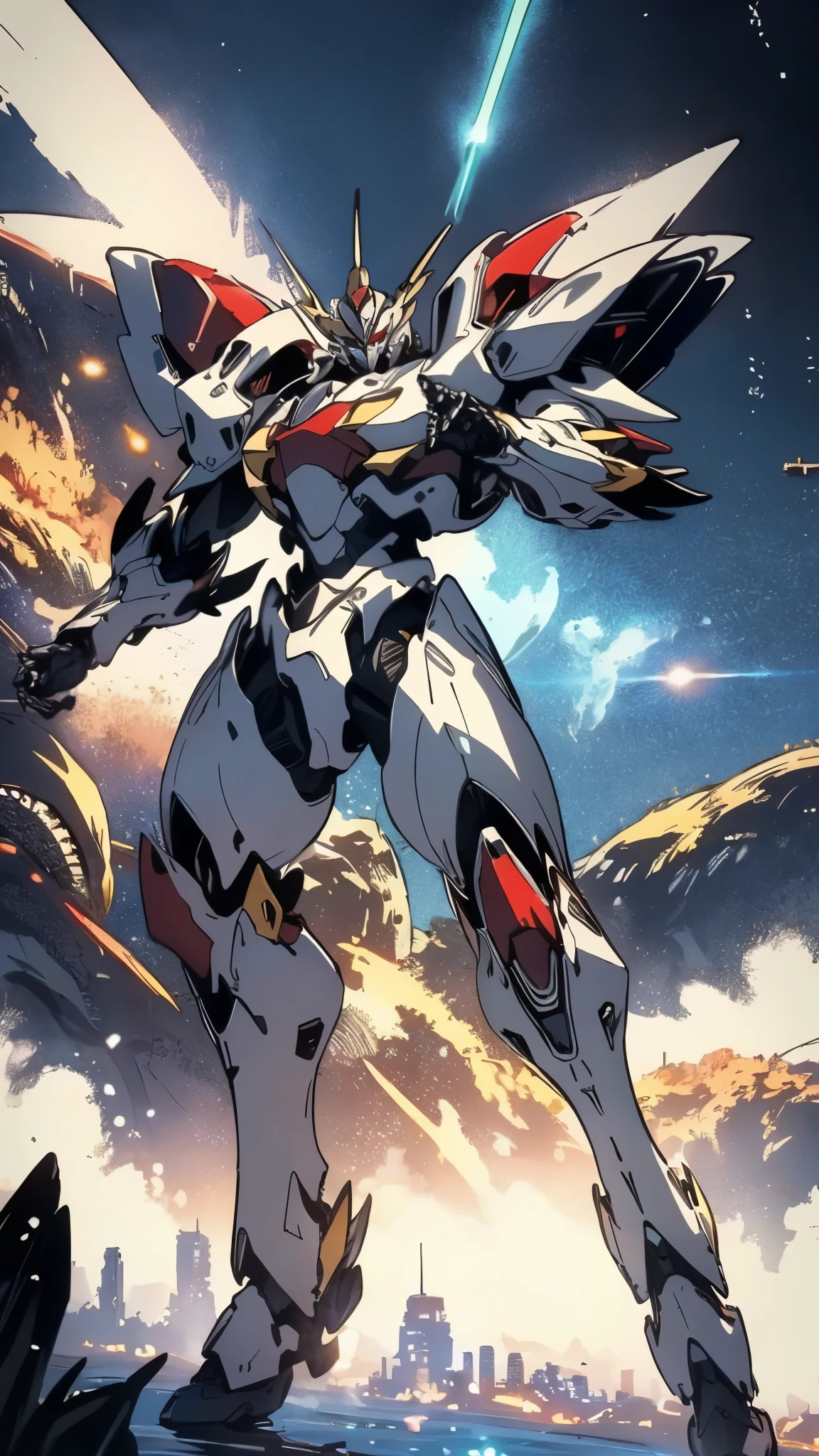 Humanoid Mecha, fully enclosed shoulder guards, matching arm and leg guards, full body, full armor, the design balances heavy with agility, (the color scheme is primarily white with red and blue accents, the concept Inspired by Super robot, organic biotech armor, standing, floating high above the futuristic sci-fi city), exquisite and mature art style, (aura effect, energy, glowing eyes, the armor glows), ((SRS)), metallic, dynamic, dramatic, high definition, best quality, highres, ultra-detailed, ultra-fine painting, extremely delicate, professional, perfect body proportions, anatomically correct, symmetrical face, extremely detailed eyes and face, high quality eyes, creativity, RAW photo, UHD, 32k, Natural light, cinematic lighting, masterpiece-anatomy-perfect, masterpiece:1.5